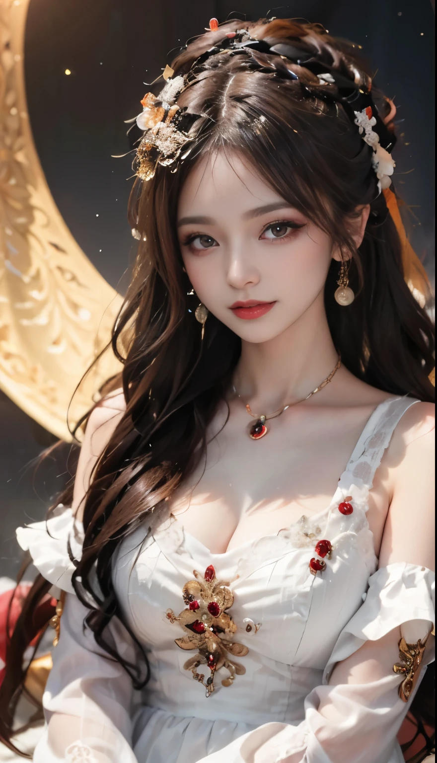 Modify hair only、Face)white dress,tulle skirt,Reddish-brown hair,curls,ponytail,Nice bun,Perfect hairstyle,red headdress,red eyes,red eye,red pupils,Delicate and detailed eyes,clear eyes,Red eyes,huge ,Smile,night、moonlight,Extremely detailed CG unified 8K wallpaper,(high dynamic range:1.4),(),(pastel colors,dim colors,soothing tones: 1.3)