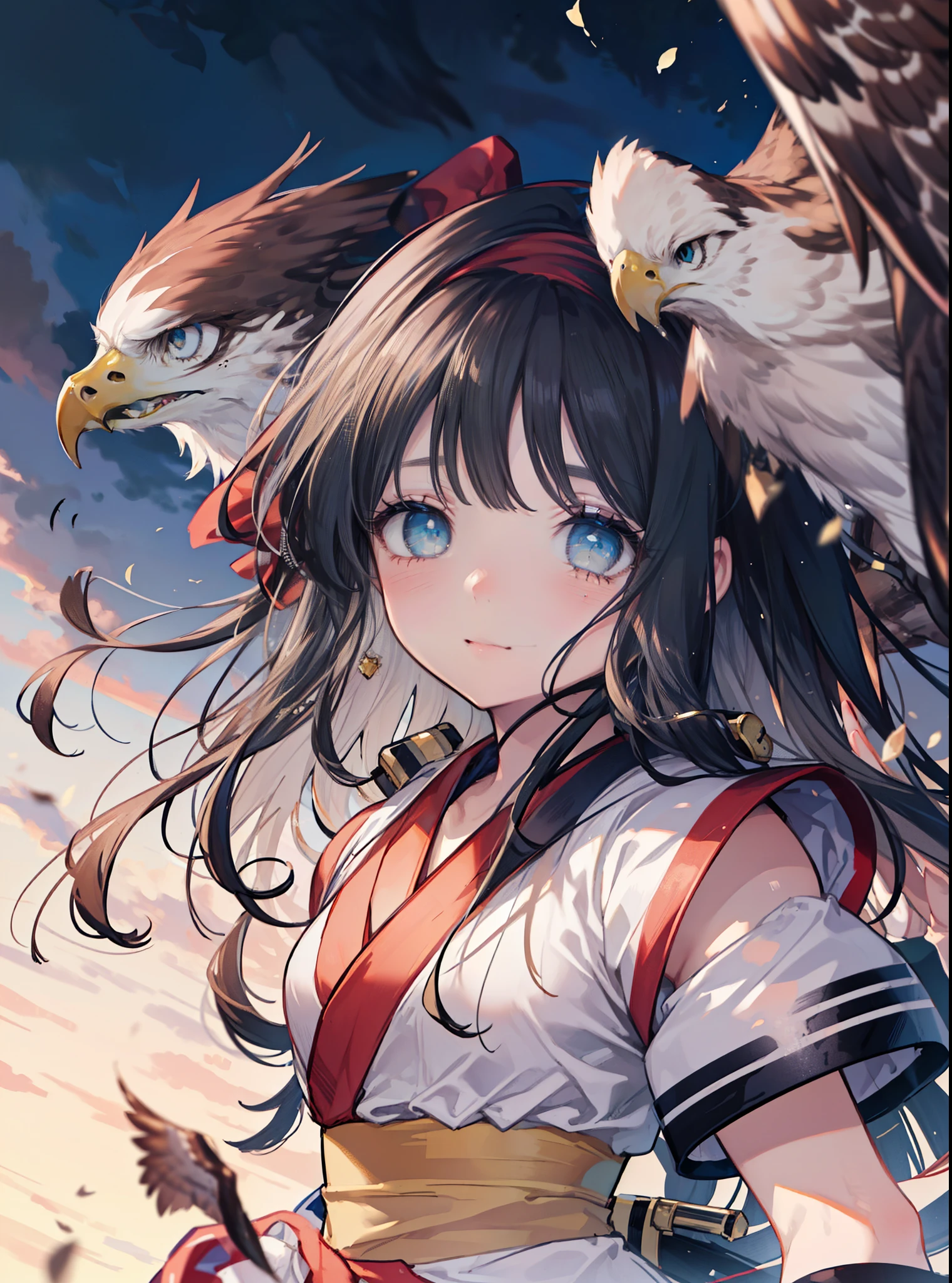 8K,highest quality,masterpiece,1 girl, eagle, stagnation, red bow, bow, long hair, hair bow, alone, hair band, black hair,  sash, bangs, red hair band, chest, brown ruby eyes, smile,blush,Japanese high school girl uniform(black sailor suit),小さなchest,pink cardigan,pleated skirt,(スムーズなポインティングはeagleに向かって飛びます：1.3），bird view ,School　Back of school building,peek from below,(masterpiece:1.2), highest quality, High resolution, unity 8K wallpaper, (shape:0.8), (beautiful and detailed eyes:1.6), highly detailed face, perfect lighting, Very detailed CG, (perfect hands, perfect anatomy),