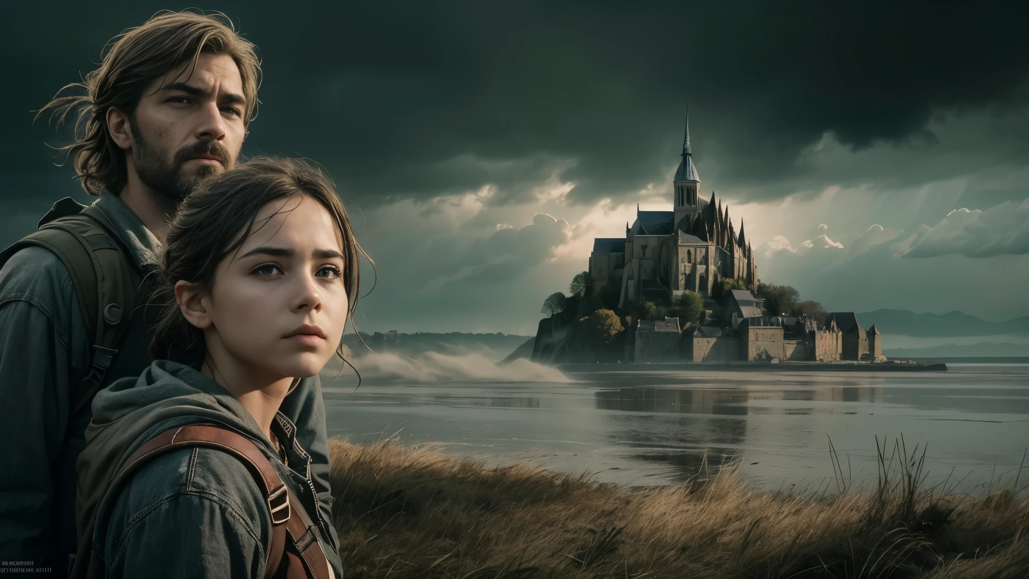 Masterpiece, a half body shot of 2 walking survivors, a young 17 years old Kiernan Shipka teen girl survivor alongside a 45 years old unshaved man, they are wearing used wastelander clothes, The Last Of Us 2 vibes, a ruined post apocapyptic Mont Saint Michel stands amidst devastation, a testament to resilience in the face of disaster, the are drawn to this last bastion of civilization, their eyes filled with a mixture of awe and hope, seeing in Mont Saint Michel not just a refuge, but a symbol of the enduring human spirit. The skies above are a canvas of despair, painted in dark, ominous tones that speak to the cataclysm that has befallen the world. Yet, through the gloom, a few rays of sun break through, casting their light upon the Abbey, now a beacon of hope and sanctuary for the remnants of humanity. Signs of a new beginning start to emerge against the backdrop of devastation, highlighting the Abbey's undiminished majesty and grandeur. 16K, ultra high res.photorealistic, UHD, RAW