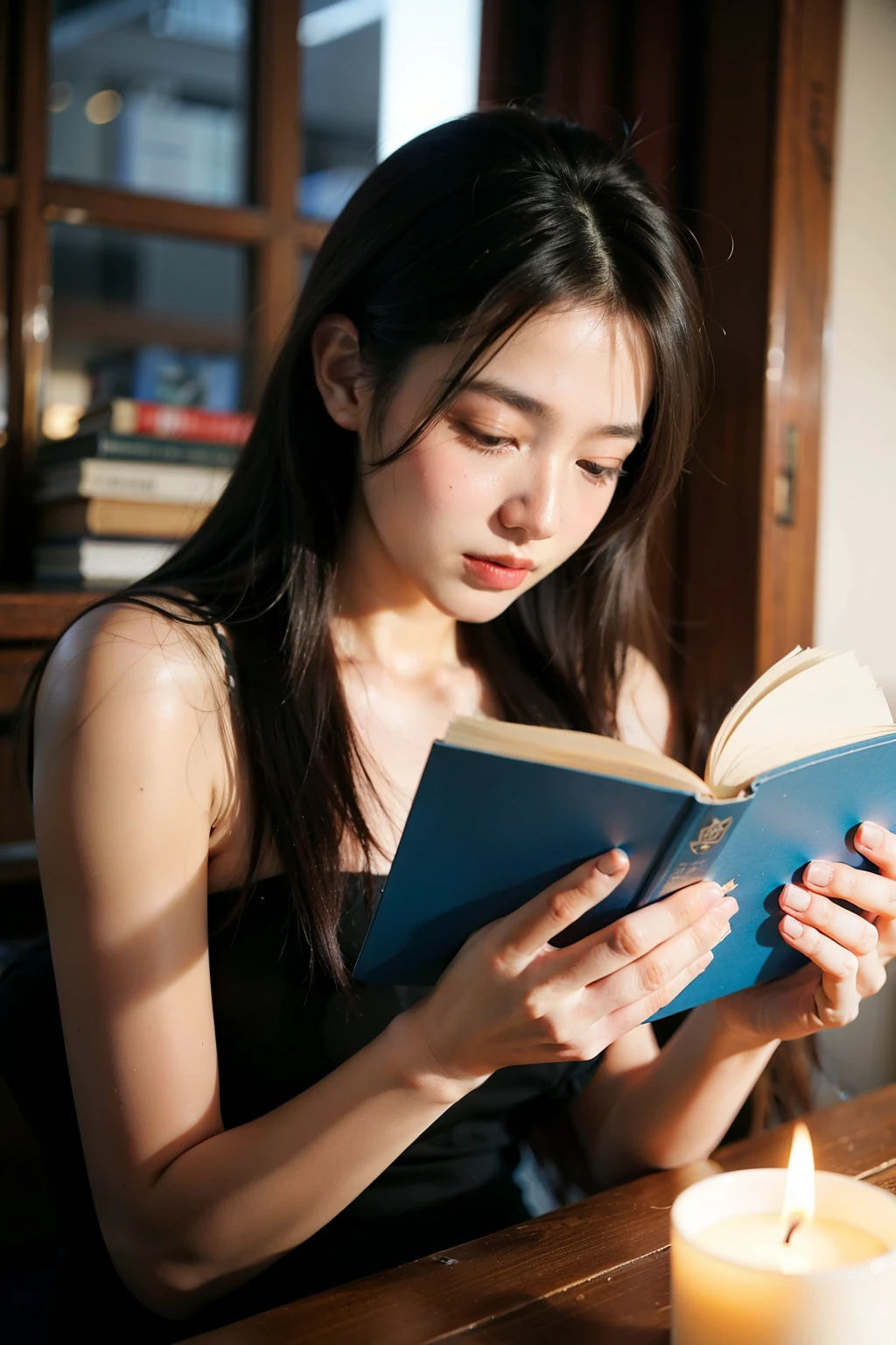 A girl is reading a book,Light candles at night,first person vision,books clear