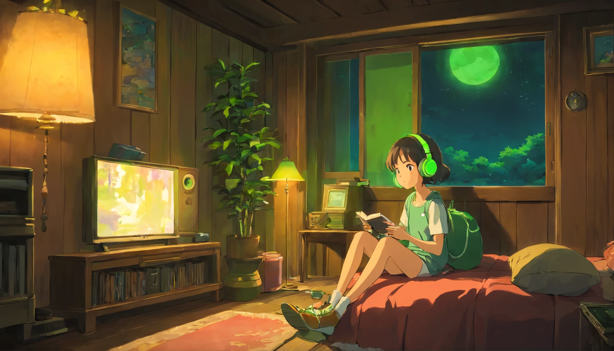 night、Girl listening to music in a cozy room, Using green headphones, Anime-style 2D, lo-fi, hard disk, dark environment、Being Calm