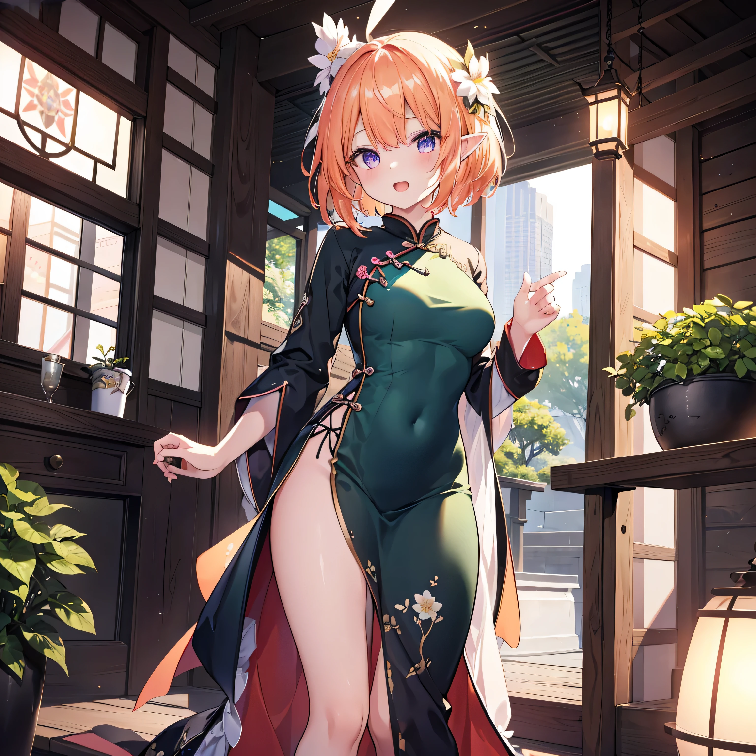 Unfold a luxurious fan, {{{{{Pastel Green Cheongsam}}}}}, bun hair, hide your hands, {{{one girl}}}, beautiful detailed girl, game CG, shine, Spring flower, 7 head and body,1 curl on the outside, elf ears,short bob hair, pastel orange hair, purple eyes,stylish accessories solo, Breast augmentation, medium shoot, woman, Take-out, laughter, black knee high, {{{{{wearing a Pastel Green Cheongsam}}}}},open your mouth, daytime mountain stream, wonderful, fine and beautiful eyes, highest quality, super delicate,Masseter muscle part,highest quality,(official art、highest quality、Unity 8K 壁紙、32k、masterpiece、Super detailed、超A high resolution、realistic、Photoreal:1.2)、(cinematic lighting:1.2)、fire glow effect、The grainiest shadow of the film、side light、side shot、(Super detailedで複雑な3Dレンダリング)、Atelier series,genshin impact,want,face becomes smaller,