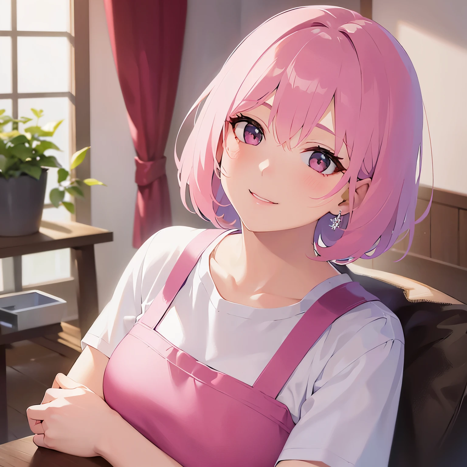 hands folded、Pose for a request、Upper body is shown、Realistic, real person, RAW photo, photorealistic, portrait photography, shiny skin, japanese idol、pink hair、bob cut hair with bangs、20 year old woman with pink eyes、blush, smile, Alone、(white:1.2) and (T-shirt) and (pink apron), The background is the living room、Are standing