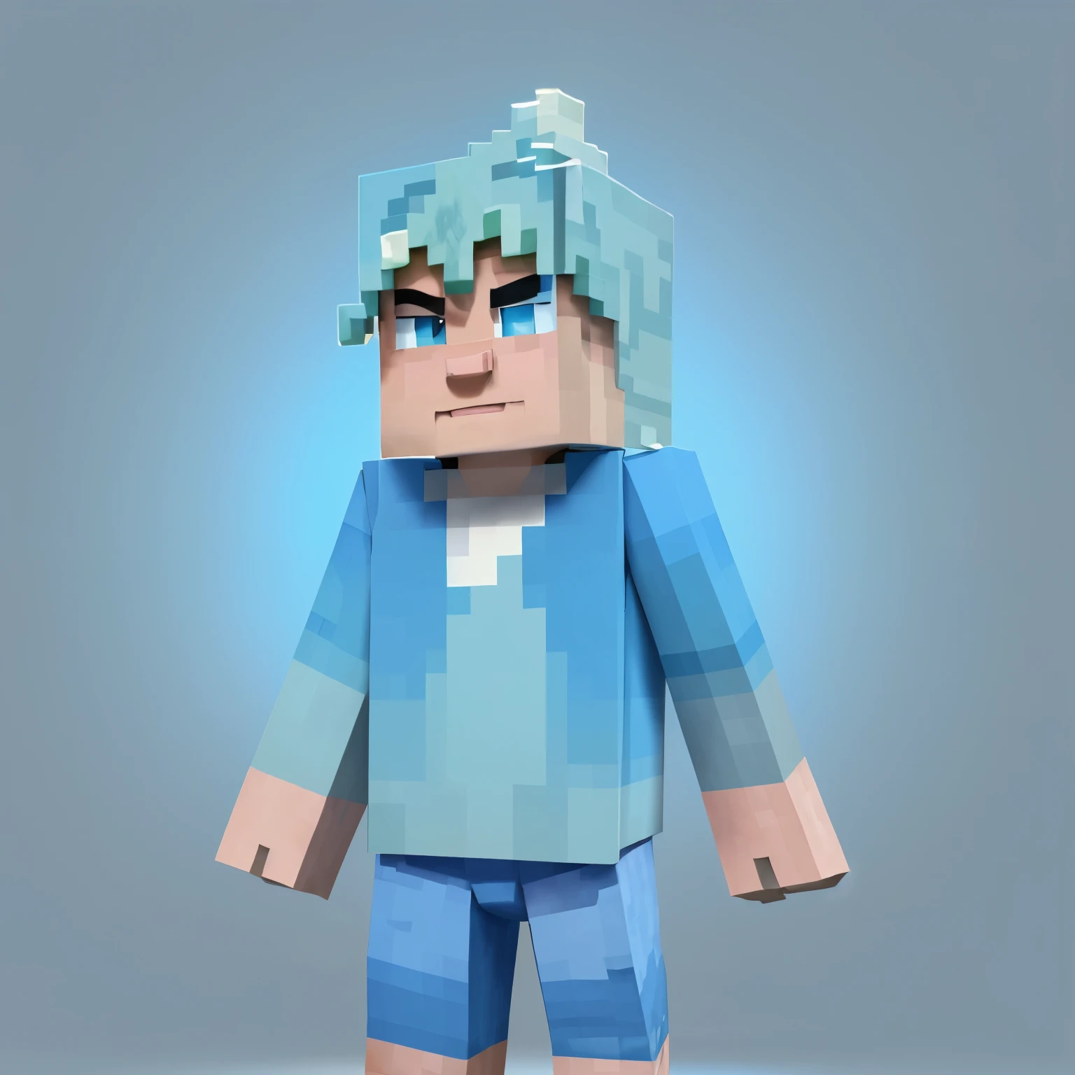 Create a character similar to Mike from Minecraft but with light blue and white colors with the same animation