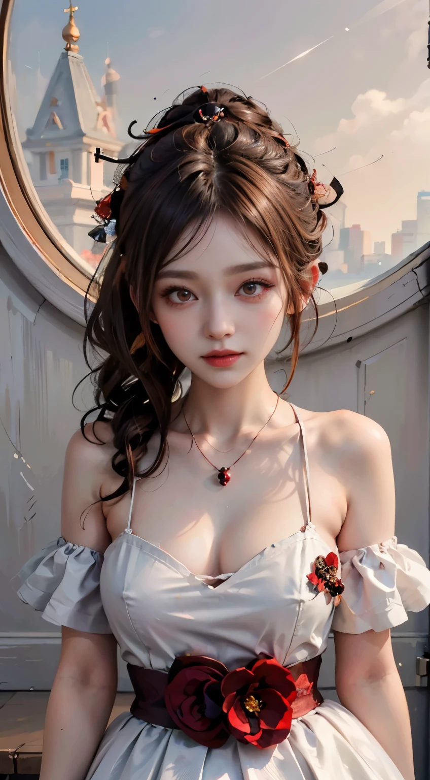 Modify hair only、Face)white dress,tulle skirt,Reddish-brown hair,curls,ponytail,Nice bun,Perfect hairstyle,red headdress,red eyes,red eye,red pupils,Delicate and detailed eyes,clear eyes,Red eyes,huge ,Beautiful gemstone necklace,Smile,night、super moon background,Extremely detailed CG unified 8K wallpaper,(high dynamic range:1.4),(),(pastel colors,dim colors,soothing tones: 1.3)