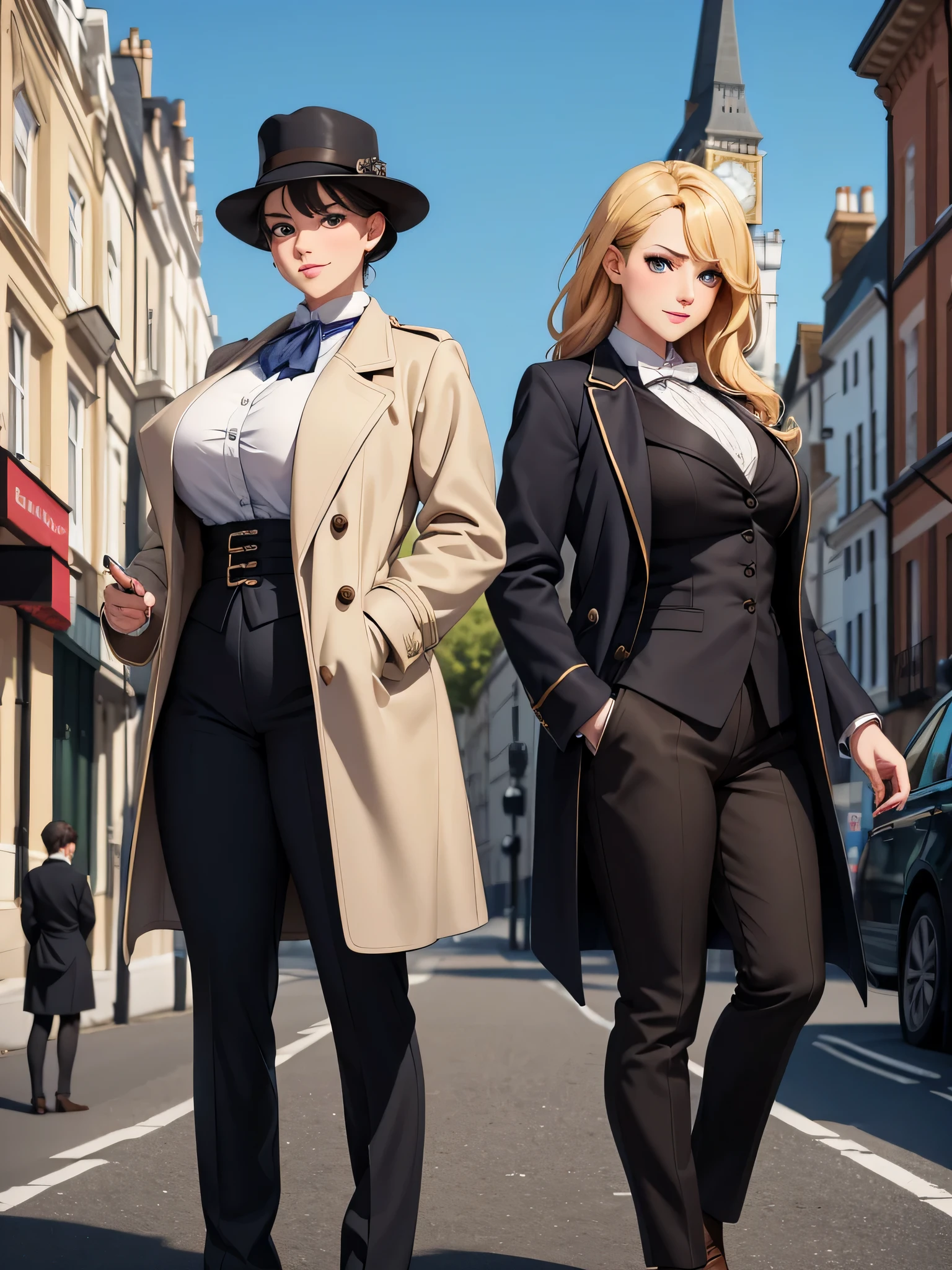 expensiveest quality, masterpiece, Sherlock Holmes & watson,
huge huge huge huge huge huge busty 2 girls assemble,
Sherlock Holmes girl brown glen check frock coat,
side standing watson girl white formal suits,
Detective,
softly,
grace,
Wind,
smile,
London,
baker street,
Englishman,
real face,
entity,
real background,
((((masterpiece)))), expensive quality, very_expensive_solve, big_file size, full color,