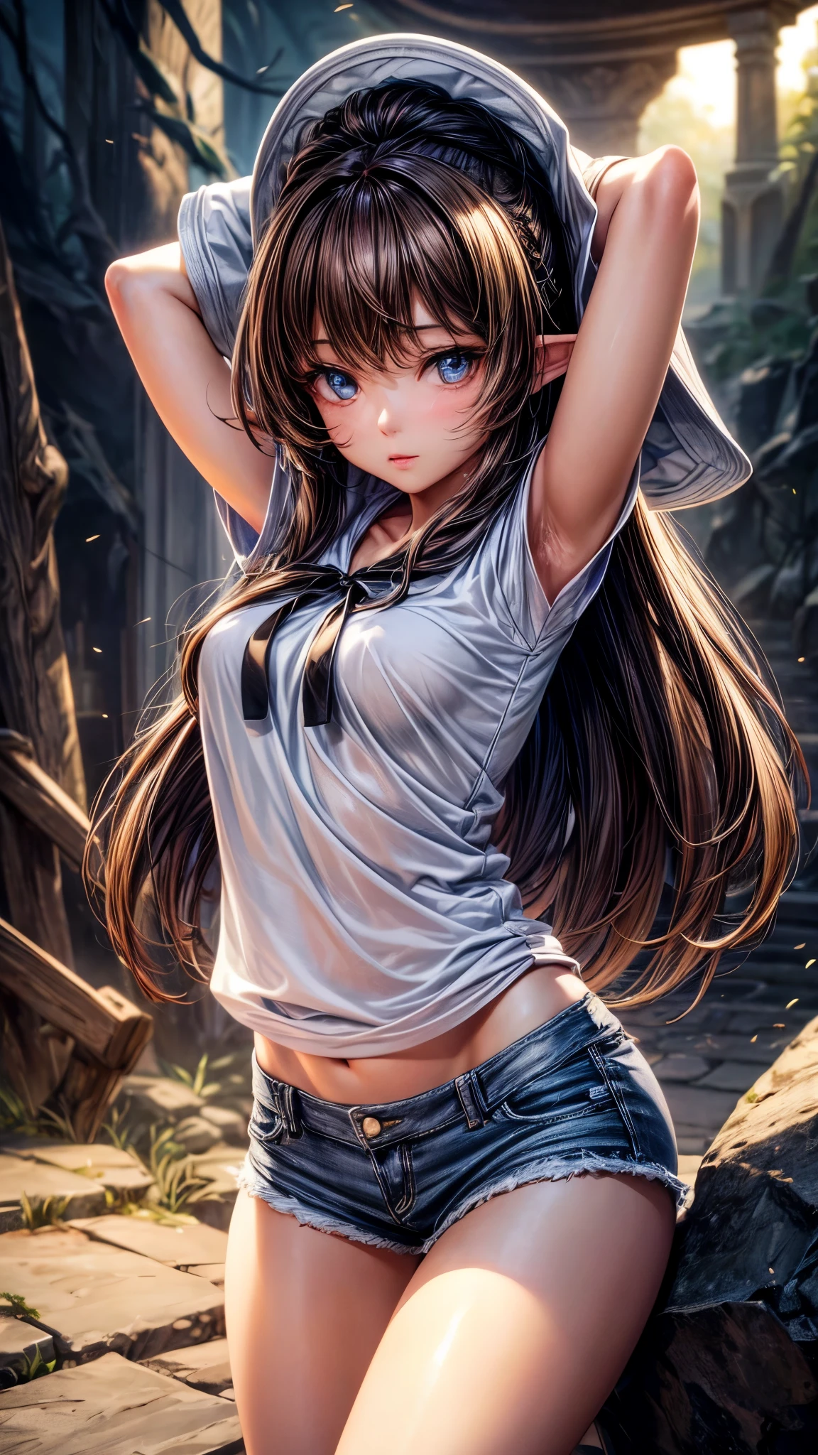 masterpiece, 最high quality, high quality, High resolution, high quality texture, high quality shadow, high detail, beautiful details, Detailed, Very detailed CG, Detailedテクスチャー, a realistic representation of the face, realistic, colorful , delicate, cinematic light, side light, Lens flare, ray tracing,tailed beautiful delicate face, detailed beautiful delicate eyes,nsfw beauty beautiful girl long hair elf (((brown skin))) gray hoodie denim shorts knee socks forest night beautiful eyes erect nipples ((Wet))