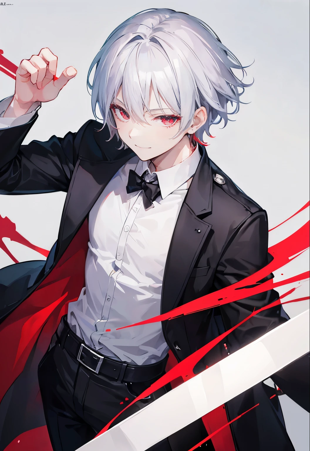 Anime guy in a black suit with a red tie and a sword - SeaArt AI