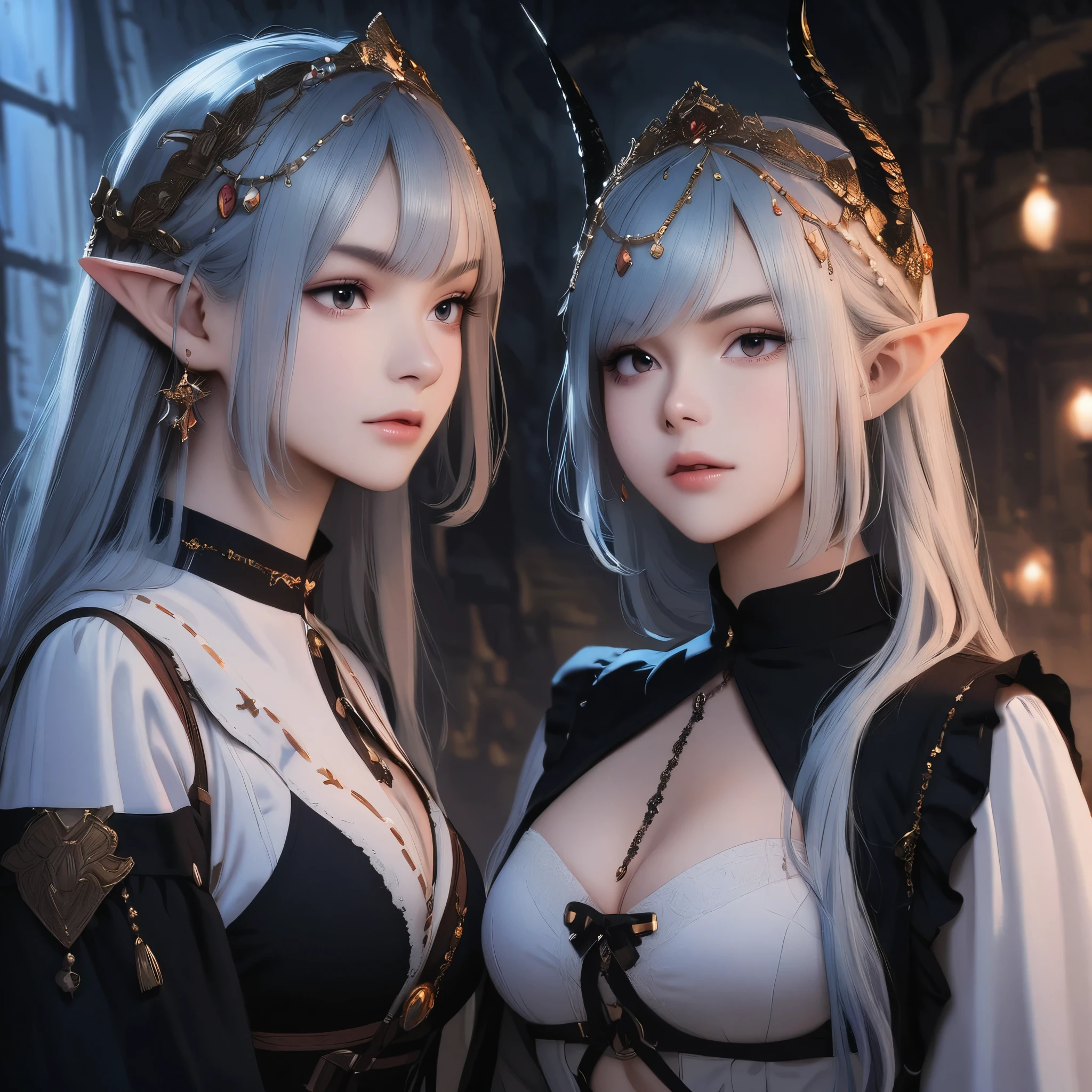 Dark Elf, 2girl, cinematic lighting, pretty girl，fantasy，pretty face，18yo,animated