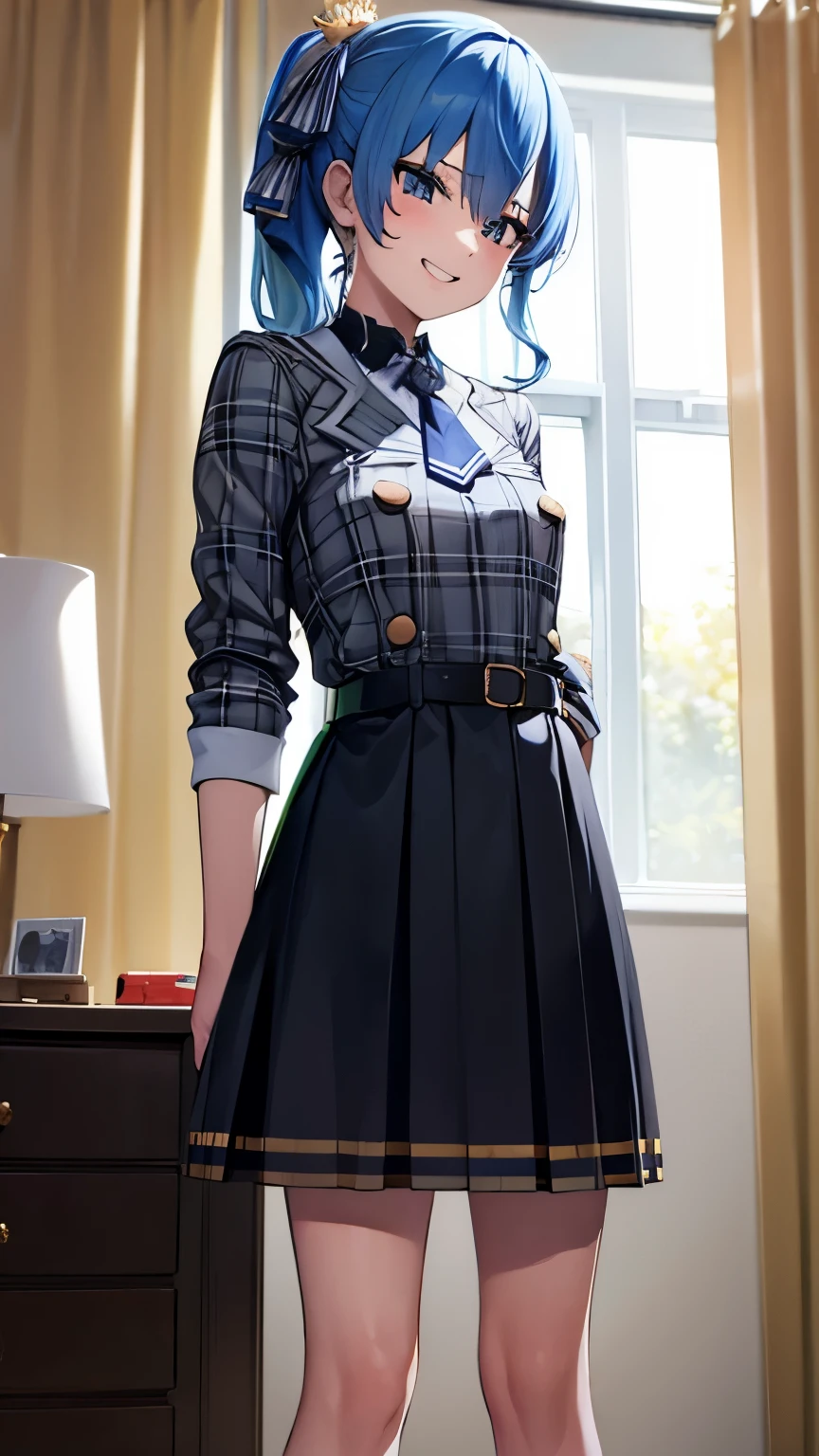 (give presentbox to boy), (exchanging gifts) , ((giving a gift)), flat chest,8k,highest quality,masterpiece, highest quality, High resolution, side ponytail, hoshimachi suisei,flat tits,flat breasts,(flat chest),slender , skinny ,she is sadistic、 ((charm))、Keep your lips open、 grinning smile、perfect proportions、((in her room))、(((she is standing))),from below,