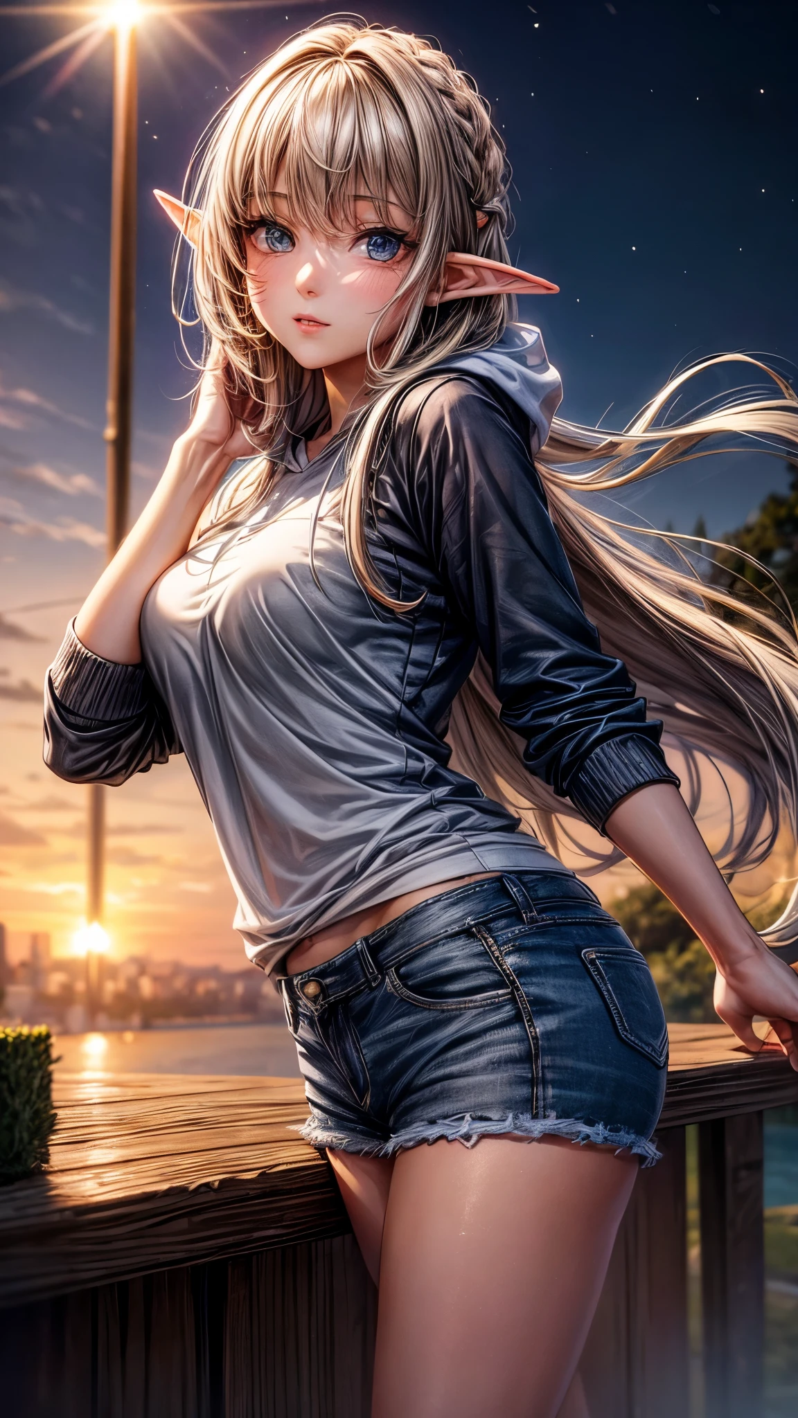 masterpiece, 最high quality, high quality, High resolution, high quality texture, high quality shadow, high detail, beautiful details, Detailed, Very detailed CG, Detailedテクスチャー, a realistic representation of the face, realistic, colorful , delicate, cinematic light, side light, Lens flare, ray tracing,tailed beautiful delicate face, detailed beautiful delicate eyes,Beauty　beautiful girl　long hair　elf　((brown skin))　gray hoodie　denim shorts　knee socks　forest　night　beautiful eyes 