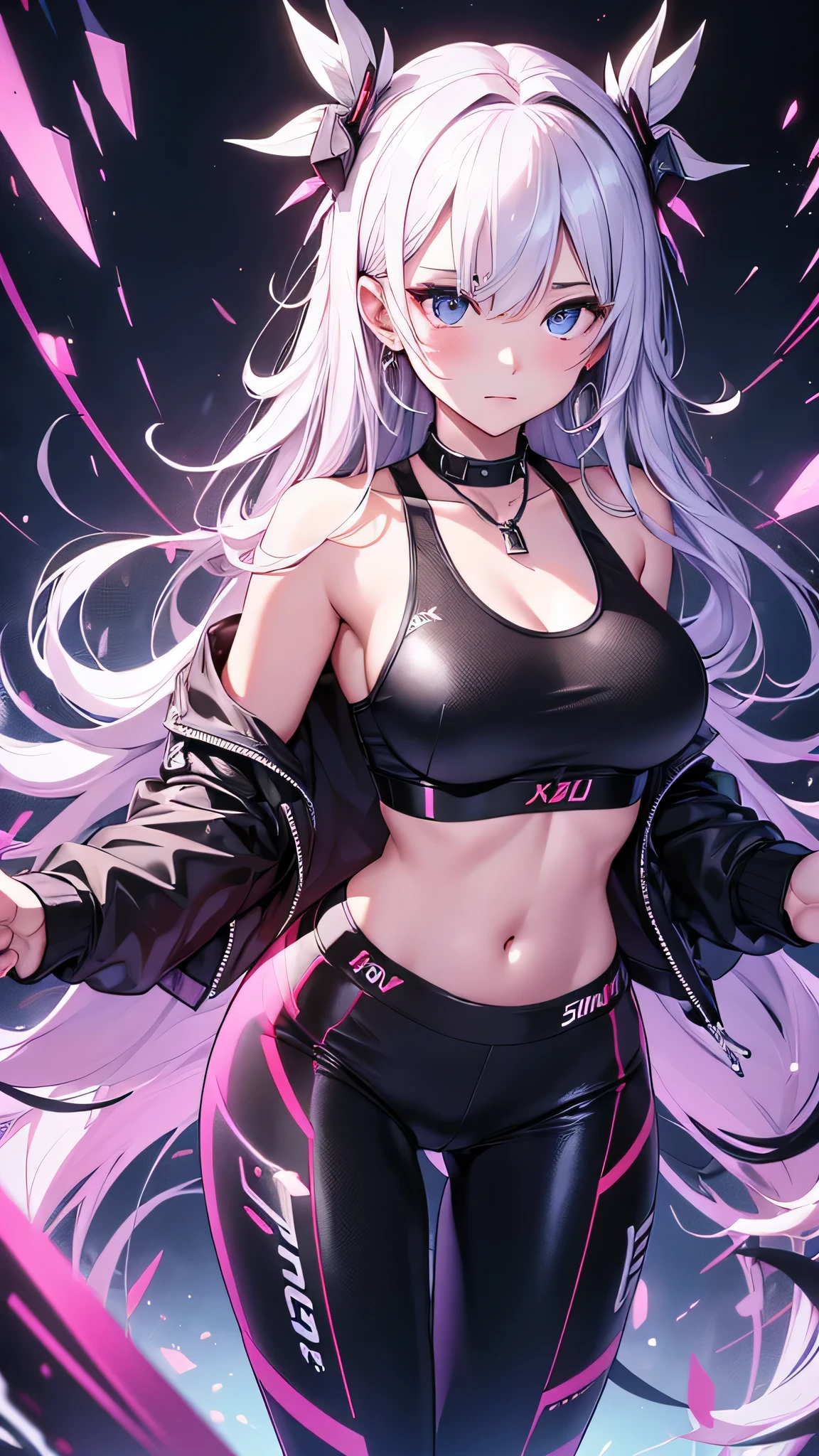 最high quality、best image quality、masterpiece、girl((20-year-old、 By becoming、vest bust、medium bust,wide open breast tea、shining eyes, silver hair、long hair、thin,highest valley、black sports bra、black sports pants、shoulder tattoo,diamond earrings、Wristband、black jacket、necklace、forward leaning movement、move violently)),high quality、beautiful art、background((Virtual space、neon lighting、neon light、Live feeling))、Flight、debris flies、Depth of written boundary、movie、visual art、perfect art、8K,genuine、Dynamic Performance