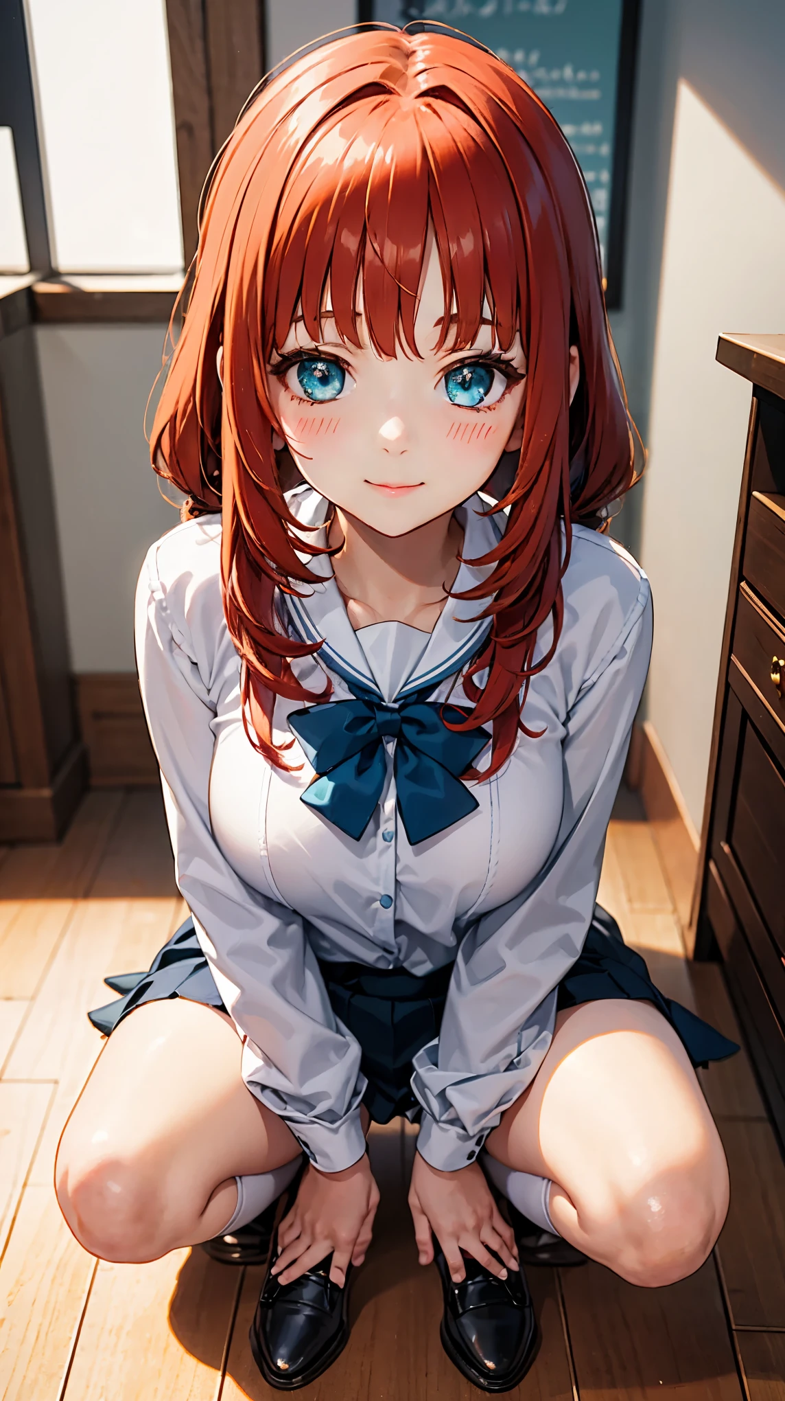 1girl, 3d beautiful girl, red hair girl, braided hair, young sweet girl, teen girl, 14 years old girl, medium breast, medium butt, wearing black japanese , wearing white socks, wearing black shoes, sitting on floor, writing on a book, cute face expression, sweet smile, blushing, close up view, front view, looking at camera, 4k, ultra sharp quality, great shadow quality imaging, realistic tecsture