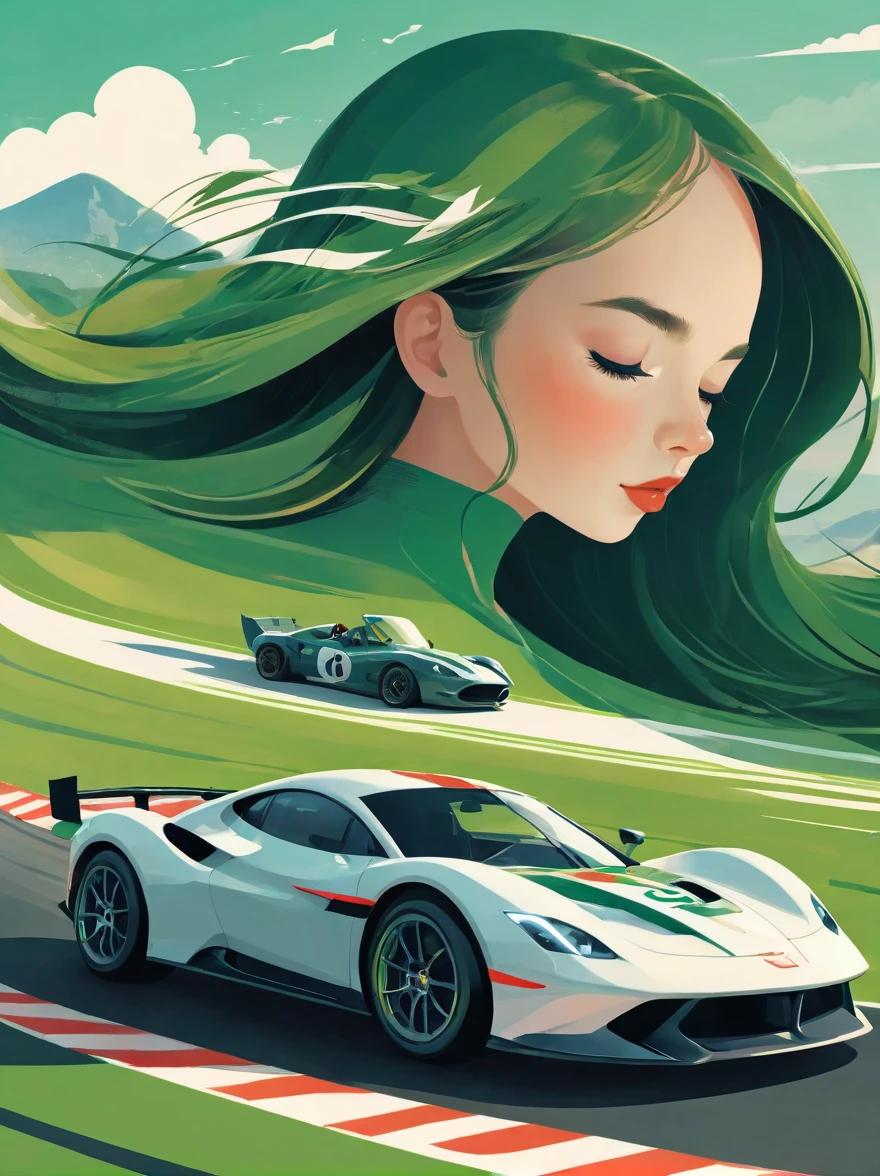 ((Long shot:1.8)), (masterpiece, best quality:1.2), (Flat vector:1.3),Artistic concept illustration,minimalist style,simple,1 girl,((Racing track with green tones on the head、Hair decorated with racing track and sports car elements,Fantasy illustration of racing car speeding on a curved track,Evoke the allure of captivating racing scenery))