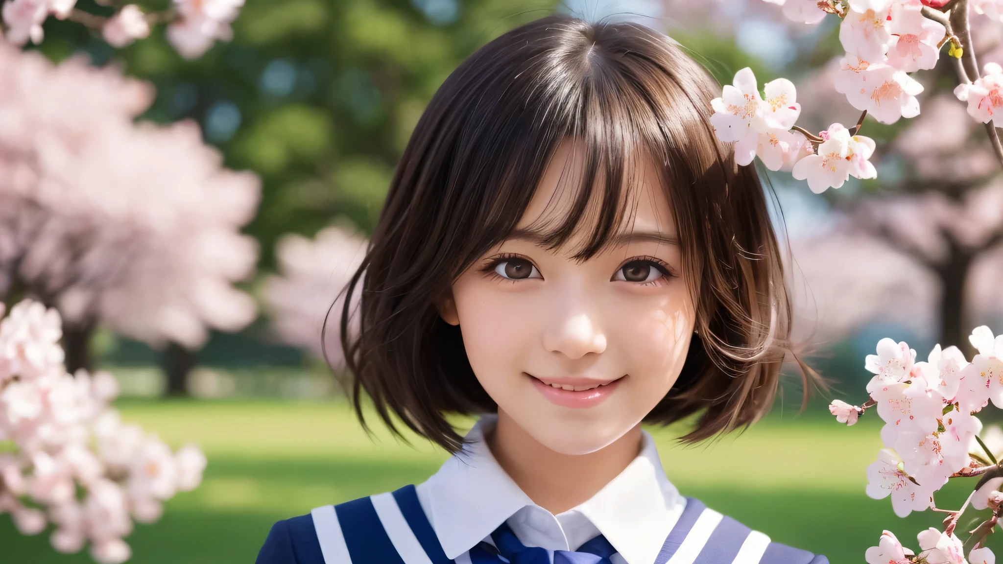 (1 girl), (big round eyes), cute smile, brown eyes, short hair, (high school uniform:1.2), (highest quality: 1.4), (Super detailed), (highest quality:1.4), (Super detailed), evening, very high resolution, (Upper body), close up face, school anime, anime illustration, Cherry tree, (garden, River side), Hair fluttering in the spring breeze,