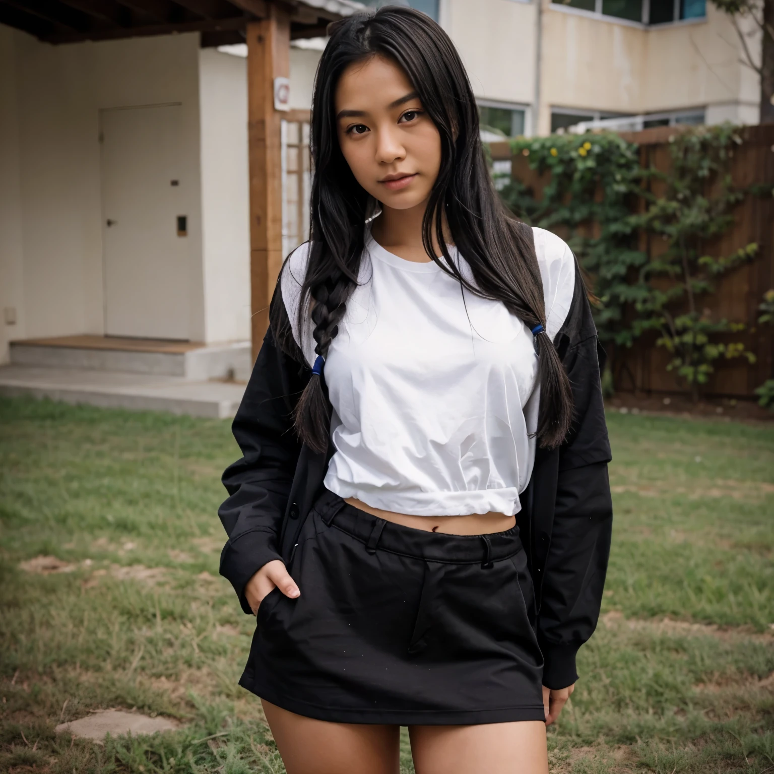 School photo Asian girl long black hair in pigtail light eyes tanned skin dressed in  realistic photo 