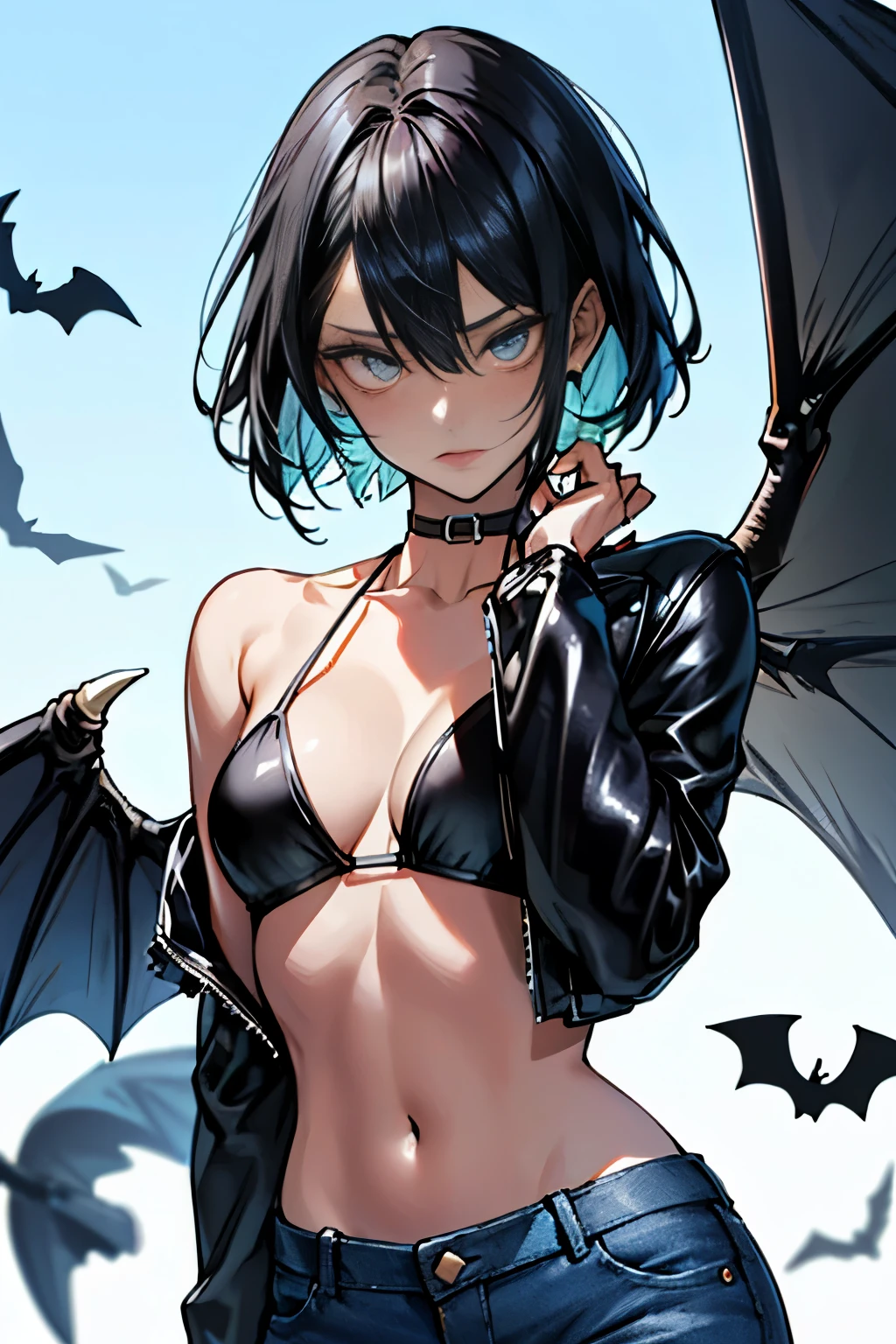masterpiece、hightquality、1girl in、Cool、solo、middlebreasts、short-hair、(hair between eye)、(00BFFE Pixie Cut)、Bat Wings、Disappointed face、topplesicro Bikini、Cropped flared jeans、Leather Blazer)