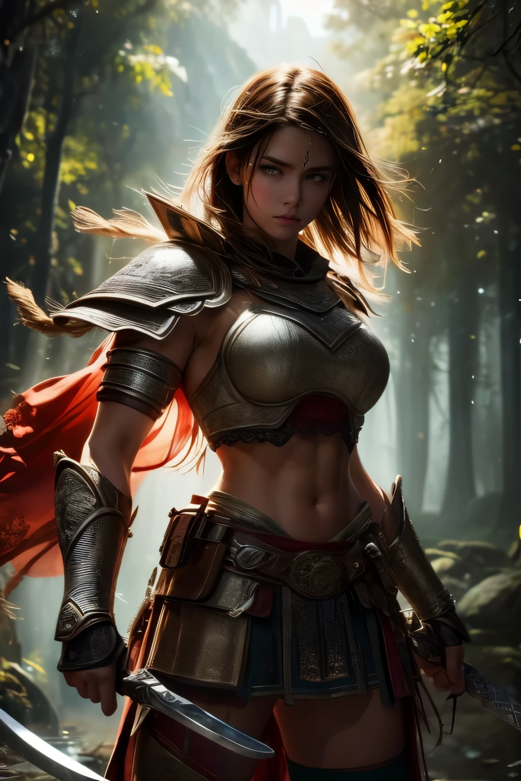 joven adolescente, ancient celtic warrior, mala mirada,,postura de combate, Wielding a dagger,  armadura celta antigua, muy detallado, bosque antiguo en el fondo, pelo rizado de jengibre, apariencia vibrante, comportamiento creativo, extremadamente detallado, imaginativo, sensual, spontaneous, of the highest quality, Textura de la piel, Detalles intrincados, (cinematic lighting), foto cruda, 8K, obra maestra,Mejor calidad,ultra detallado,ilustraciones muy detalladas,Extremadamente detallado,Detalles intrincados,high resolution,detalles super complejos,Extremadamente detallado 8K cg wallpaper,