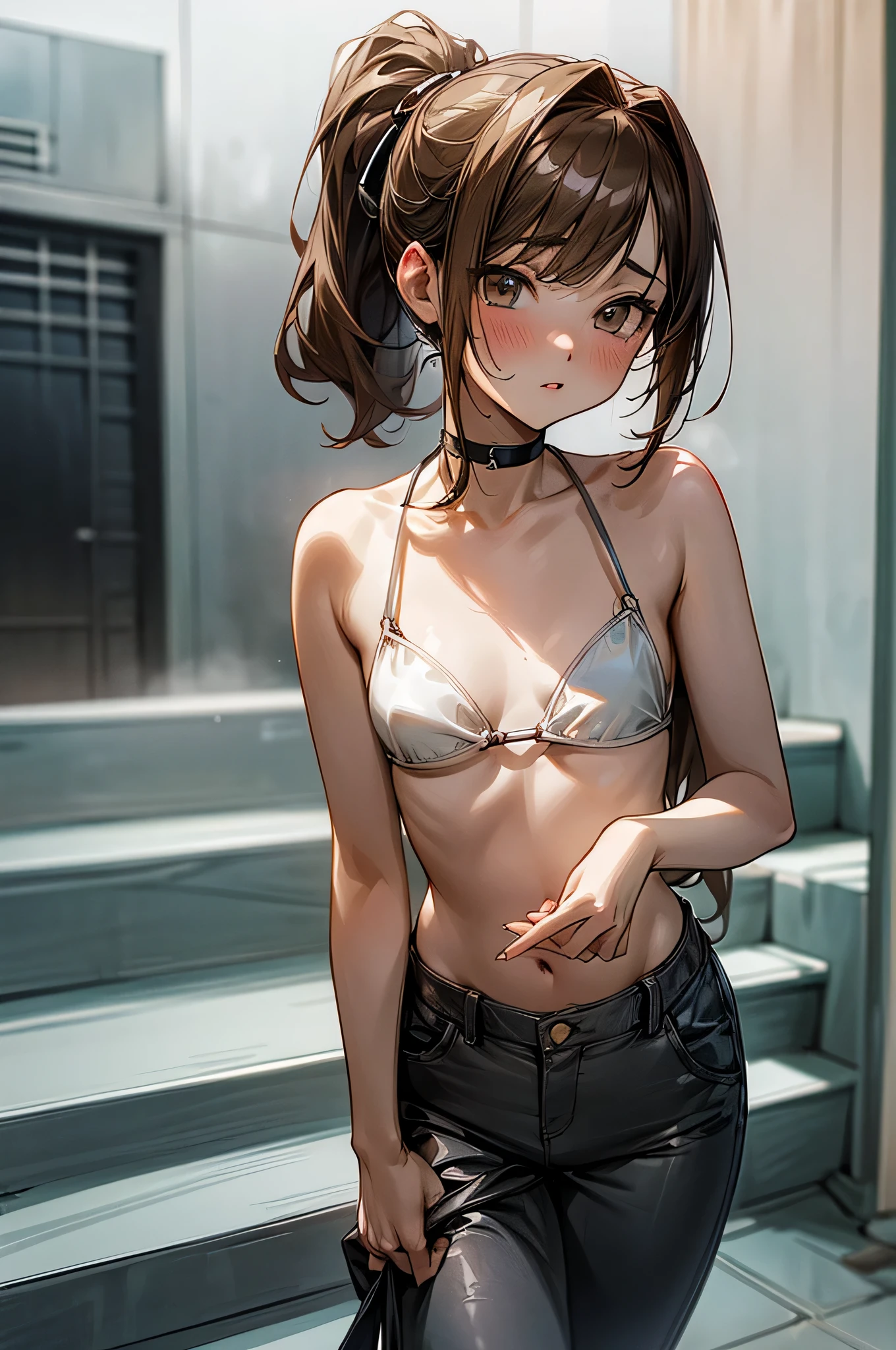 Seductive, lingerie, ((Masterpiece)), ((best quality)), (Anime:1.5), (RAW photo:1.2),(High Definition:1.3), (Professional Photography:1.2), 1girl, (Very shy and blush), (Glossy lips), upper body, looking at viewer, (tiny bikini top), O-ring, (blunt and swept bangs), low ponytail, ((loose cute pants pull up)), choker, pale brown hair, small breast, cute hips, (mist effect:1.3), (on the steps of a building:1.3),