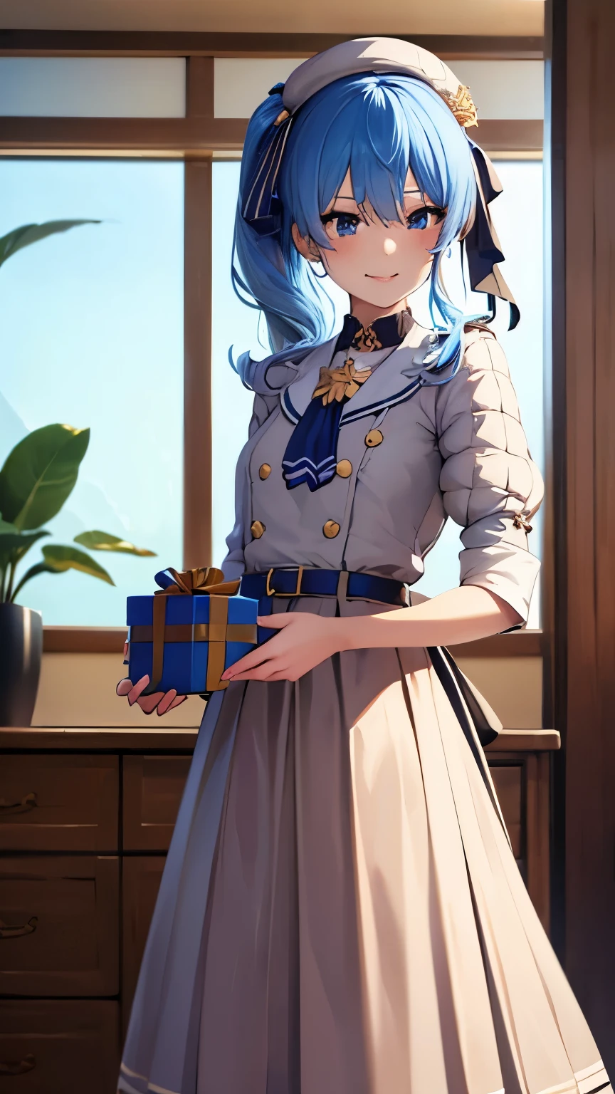 （give  presentbox  to boy）, （exchanging gifts）　, ((giving a gift)), flat chest,8k,highest quality,masterpiece, highest quality, High resolution, side ponytail, hoshimachi suisei,flat tits,flat breasts,（flat chest）,slender , skinny ,she is sadistic、 ((charm))、Keep your lips open、 grinning smile、perfect proportions、((in her room))、(((she is standing))),from below,