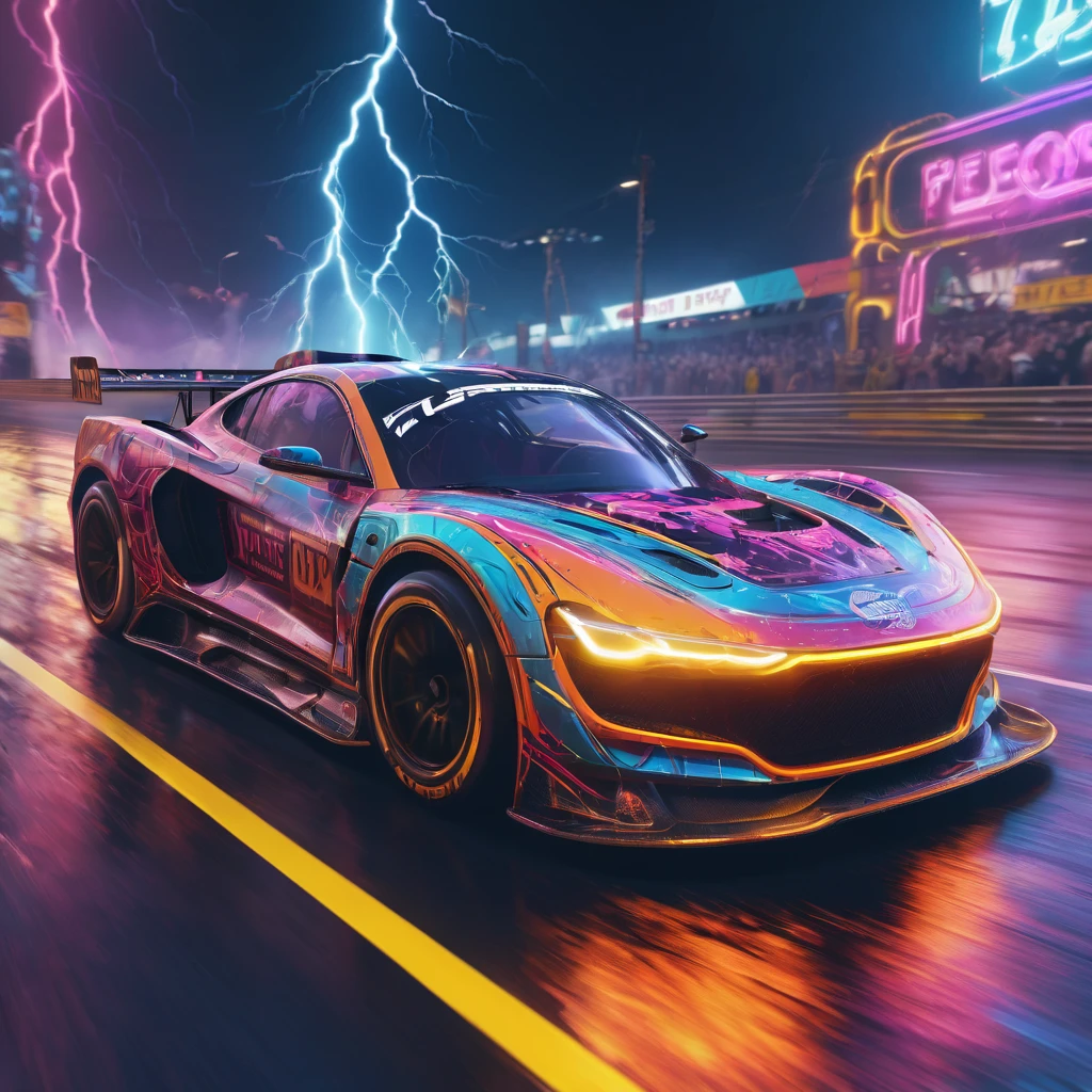 Racing Car, aesthetic, extremely detailed, speeding time lapse lightning flash neon car race detailed, detailed matte painting, deep color, fantastical, intricate detail, splash screen, complementary colors, fantasy concept art, 8k resolution trending on Artstation Unreal Engine 5