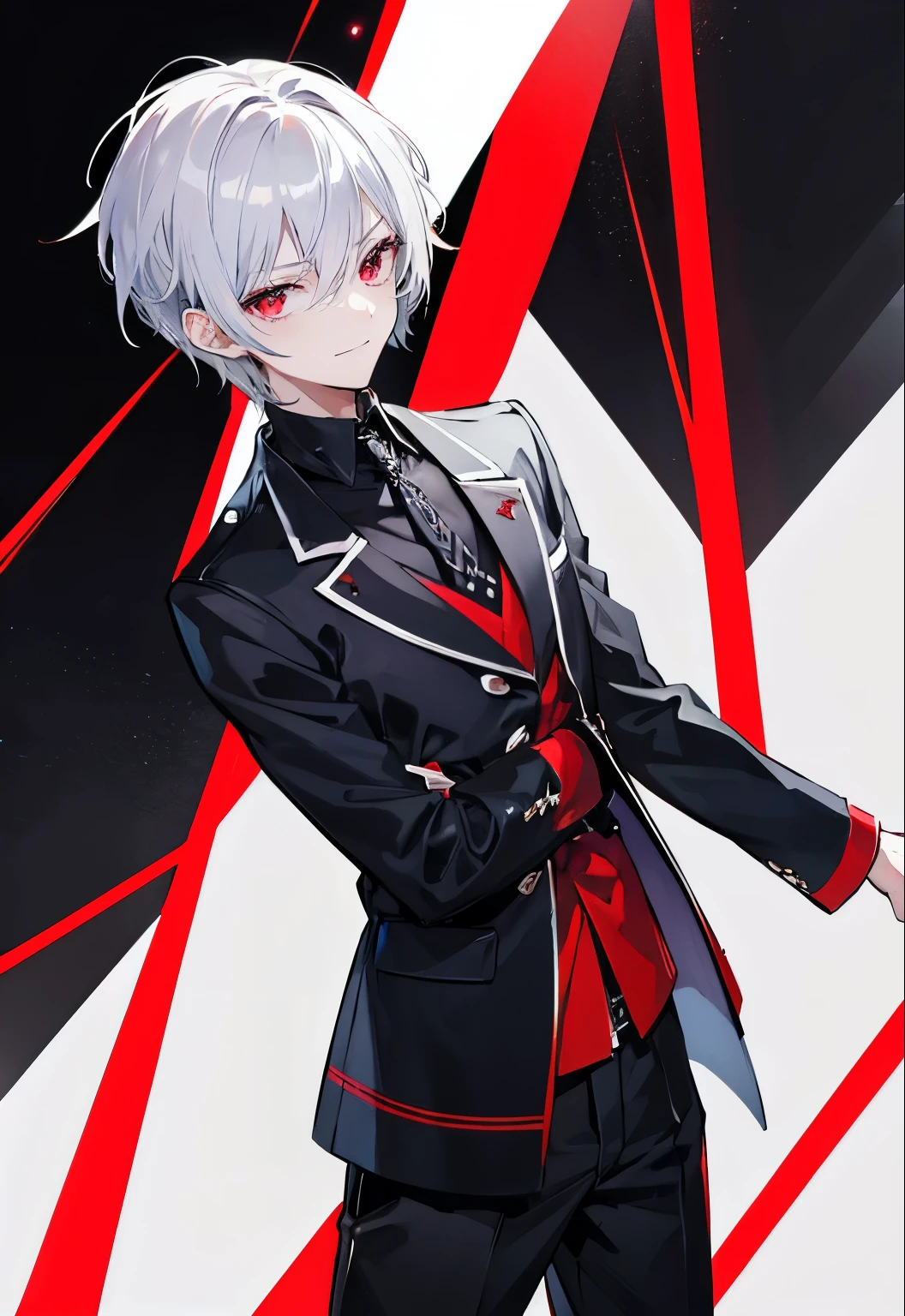 High resolution, 2D anime style,,cool men,short hair,silver hair,red eyes,dark mode fashion,he is smiling a little,