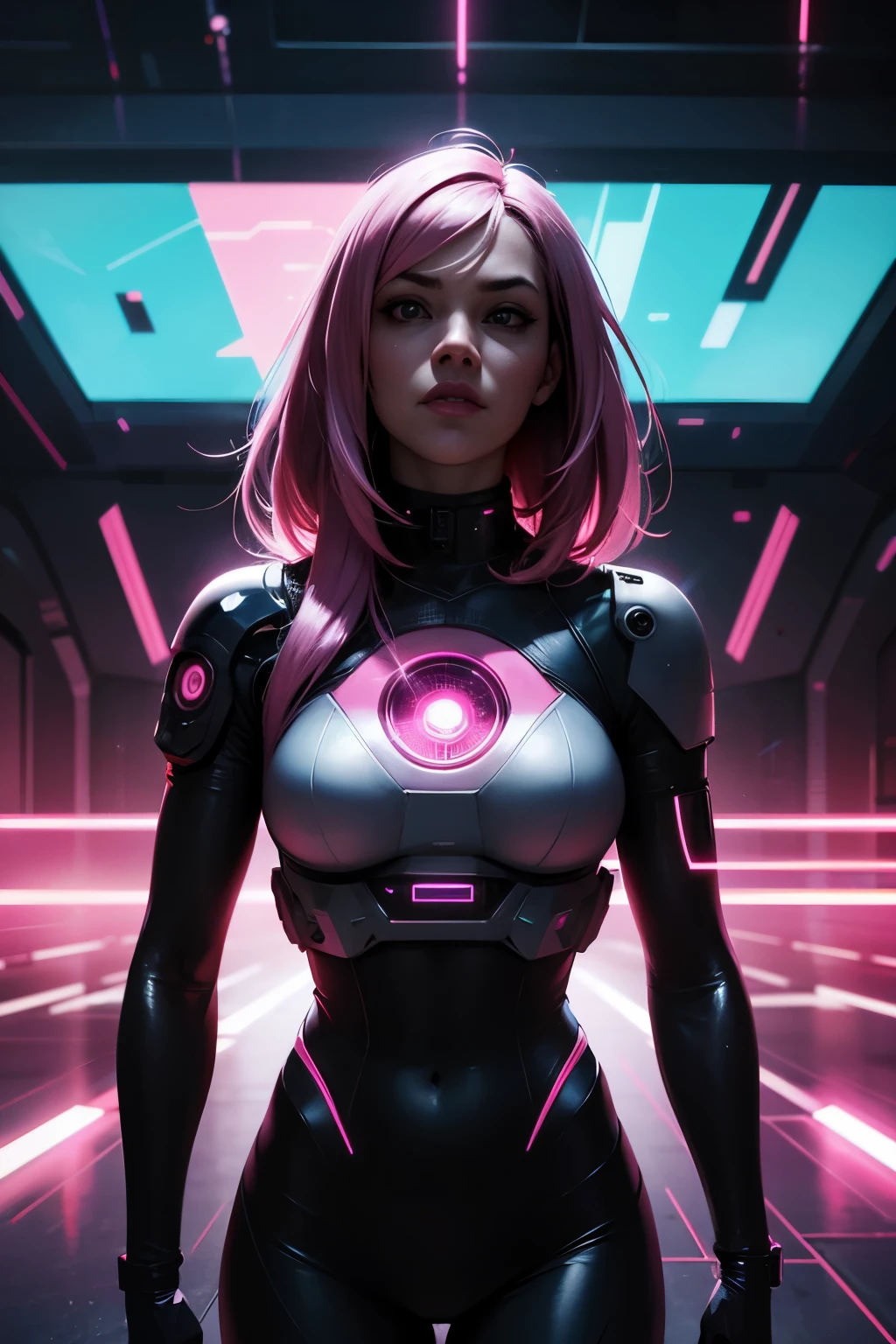Cyberpunk, pink hair, futuristic, surreal, ultra-wide, wide-angle lens, looking up, dynamic movement, expressive, vibrant, sacred cinematic edges, laser hologram