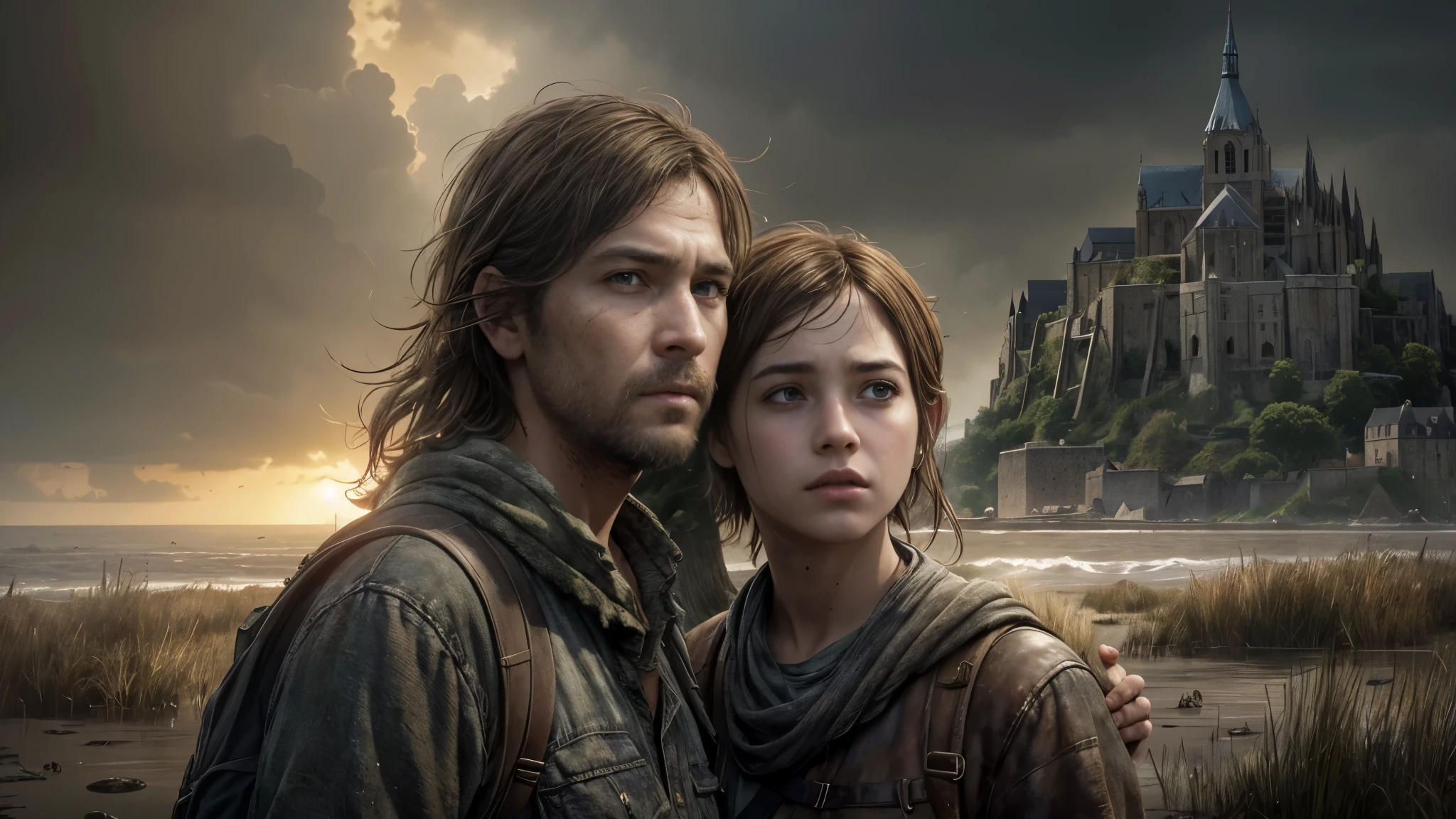 Masterpiece, (Eloise Webb:1.2), a half body shot of a young 17 years old girl survivor, alongside a 50 years old unshaved man, they are wearing used wastelander clothes, (The Last Of Us 2 vibes:1.2), a ruined post apocapyptic Mont Saint Michel stands amidst devastation, a testament to resilience in the face of disaster, they are drawn to this last bastion of civilization, their eyes filled with a mixture of awe and hope, seeing in Mont Saint Michel not just a refuge, but a symbol of the enduring human spirit. The skies above are a canvas of despair, painted in dark, ominous tones that speak to the cataclysm that has befallen the world. Yet, through the gloom, a few rays of sun break through, casting their light upon the Abbey, now a beacon of hope and sanctuary for the remnants of humanity. 16K, ultra high res.photorealistic, UHD, RAW