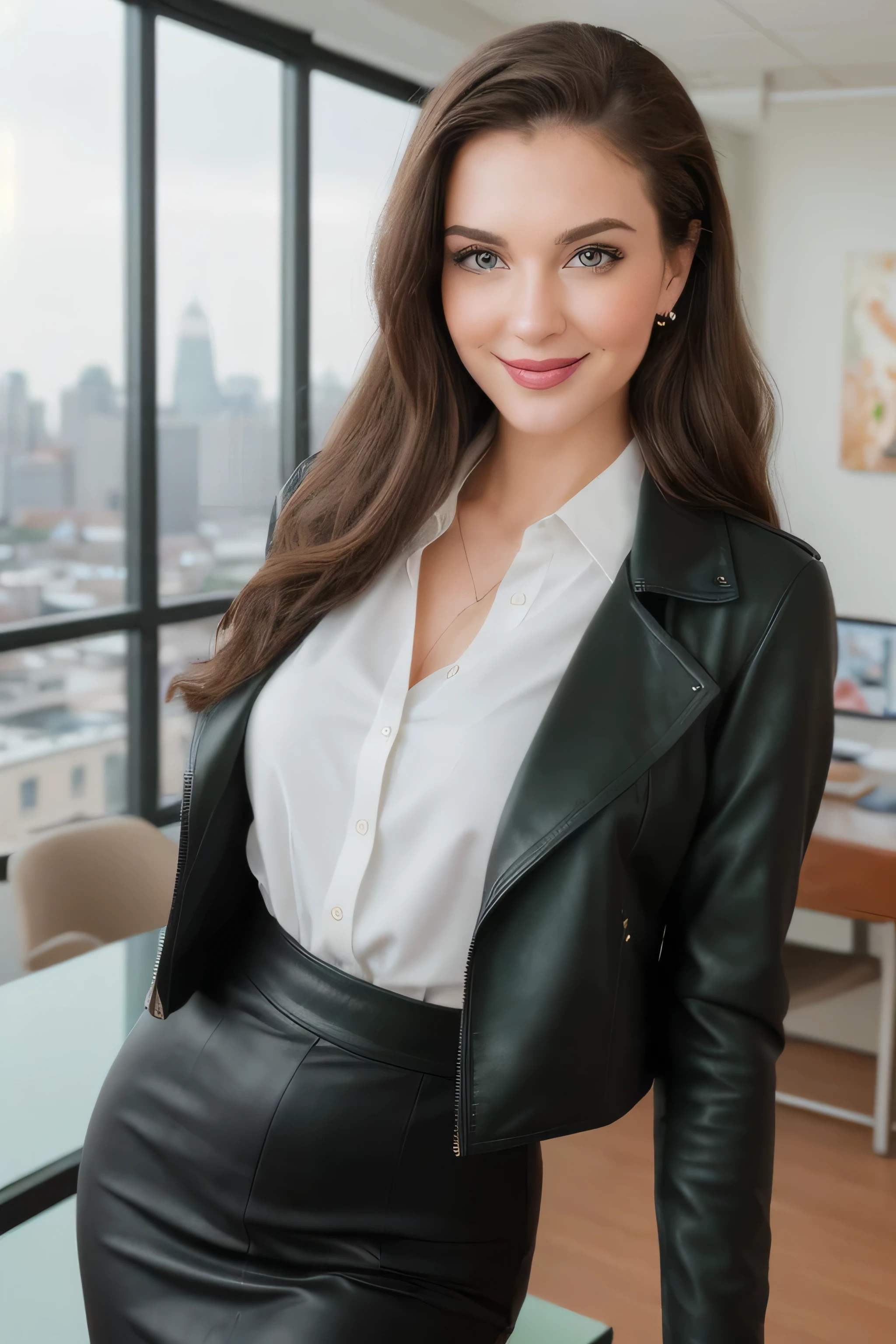 young woman, Medium shot portrait of a gorgeous brunette woman in her 30s, with a seductive smile, wearing a sleek black leather jacket over a white blouse, in an elegant 80s style office. She has perfect chest proportions and flowing brown hair in a vintage updo bun. The office interior has marble floors, art deco furniture, and floor to ceiling windows overlooking a city skyline. Photographed in a provocative outfit under soft studio lighting focused on her smiling face, accentuating intricate details of her flawless skin, forest green eyes, and glossy lips. Shallow depth of field creates a blurred modern city background. Photographed in 8K resolution on a Hasselblad H6D-100c with Macro detail enhancing lens. The image portrays alluring beauty and professional sophistication,