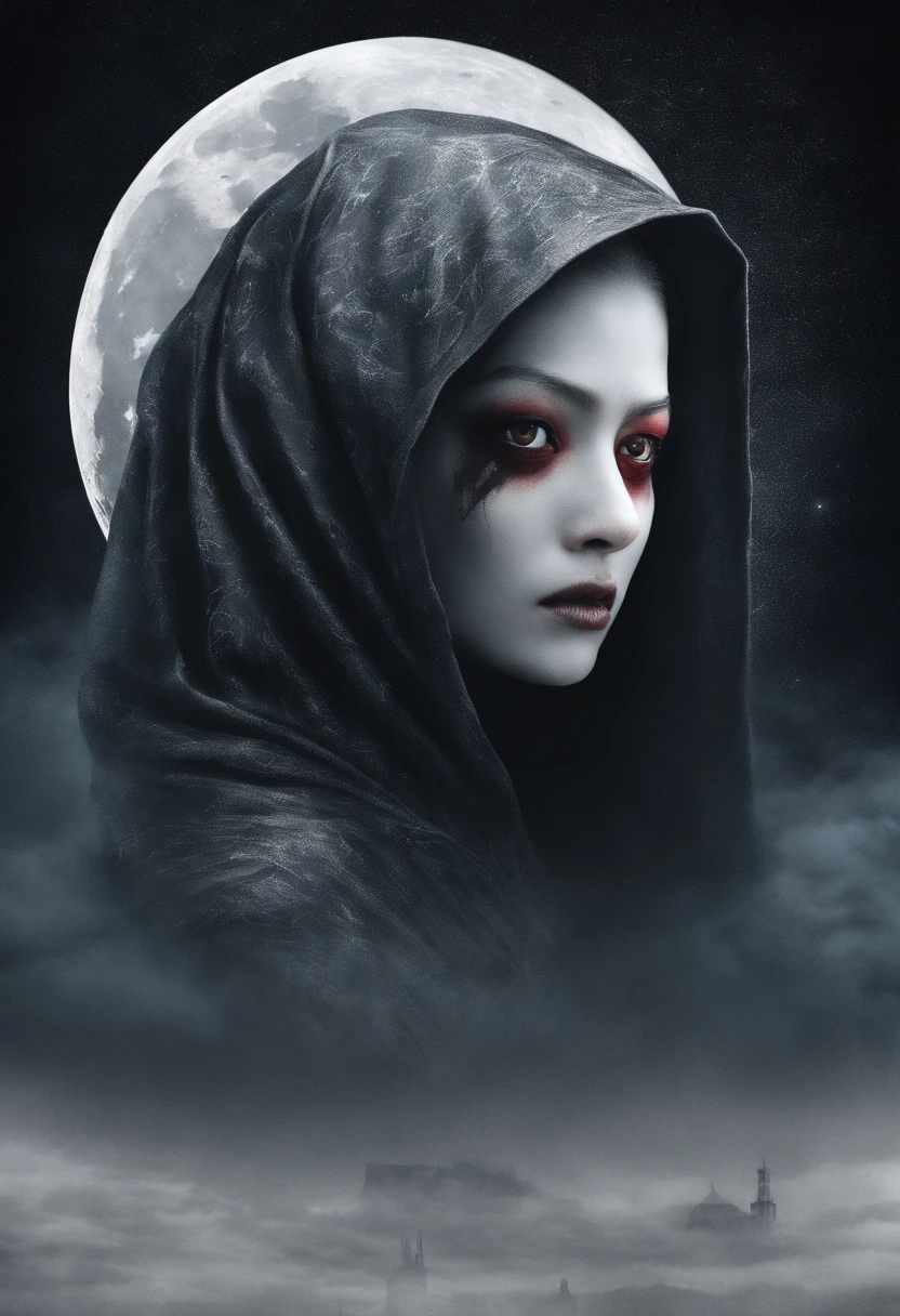 Masterpiece, (Best quality: 1.2), (Super fine: 1.2), illustration, (Extremely delicate and beautiful: 1.2), Film angle, Floating, (beatiful detailed eyes: 1.1), (Detail light: 1.1), film lights, Exquisite sky, Young, Asian woman, White hair, Red eyes , Cloak, Glowing eyes, (Moon: 1.2), (Moonlight: 1.1), Starry sky, (Light particles: 1.1), Heavy fog , full bloom