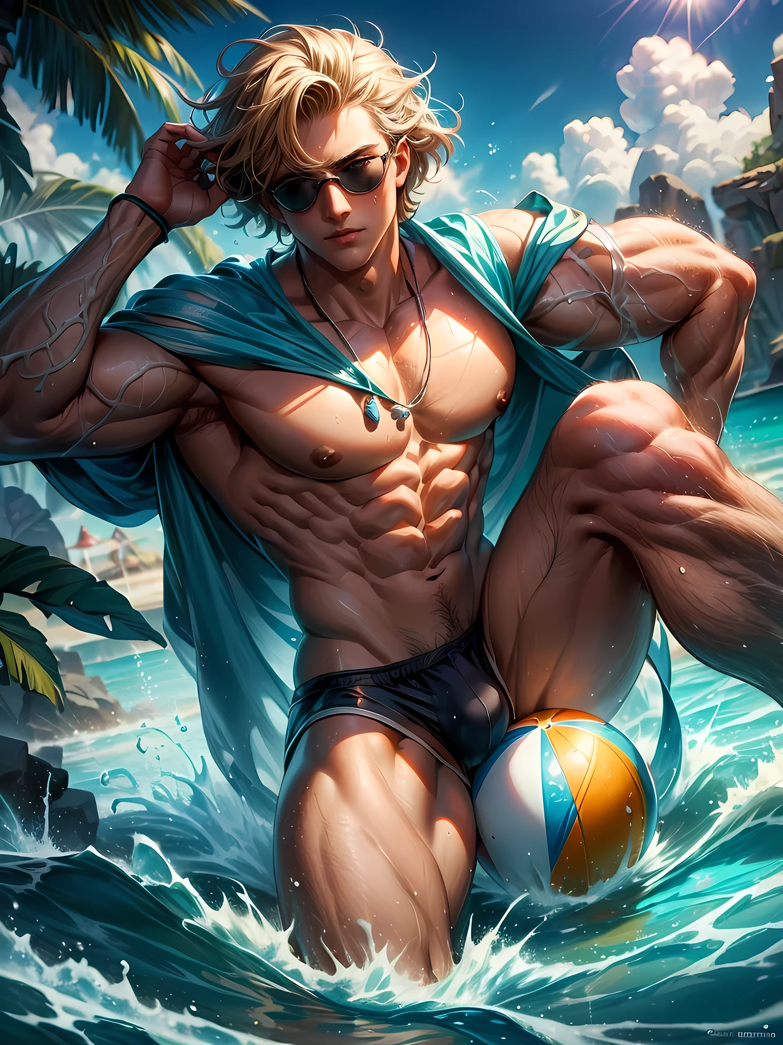 Top quality, Photorealistic, 8K, High Definition, absurd res, high res, ultra sharp, masterpiece, (masterpiece), best quality, expressive eyes, perfect face, Super eyes, masterpiece, highly detailed exquisite character art, epic fantasy digital art style, detailed digital 2d fantasy art, ultra-realistic, young male, at the beach, wearing swimming shorts, sexy male, sweating, wet, beach ball, with friends, blonde hair, sunglasses, light-brown eyes, tan, shiny pecs, male. legs spread, bulge, vpl, hydr0mancer, water, waves, hydrokinesis, splashing,