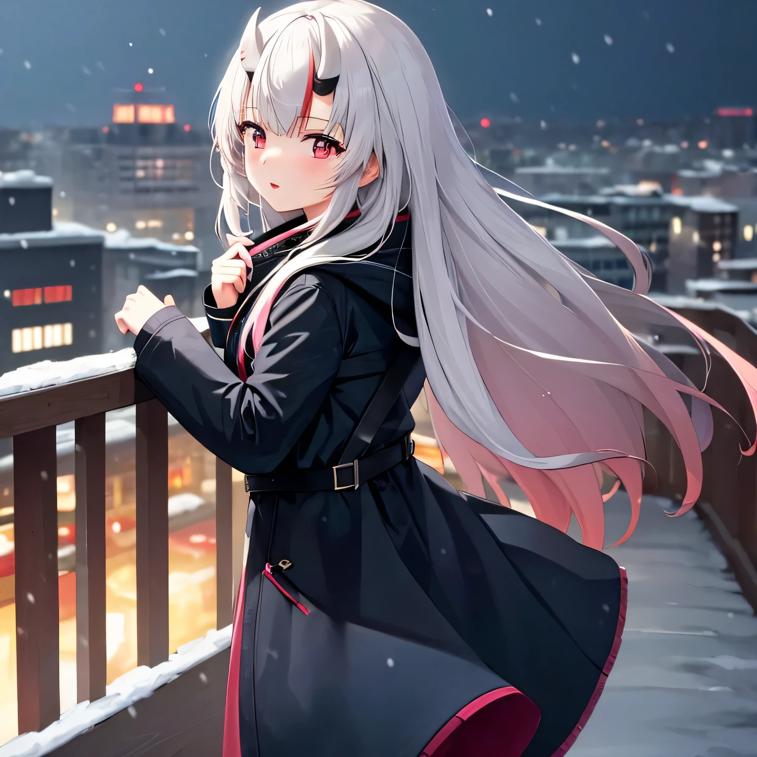 masterpiece, best quality, highres, 1girl,  alone, individuals, looking at the audience, white hair, pink eyes, ((cold weather clothes)), snowing, city, outdoors, night, movie poster, extremely detailed 8K, smooth, high resolution, ultra quality, cinematic lighting, ambient occlusion, hd, 2k, 4k, 8k, 16k, extremely detailed anime, detailed faces, perfect composition, wide shot, atmospheric lighting, 