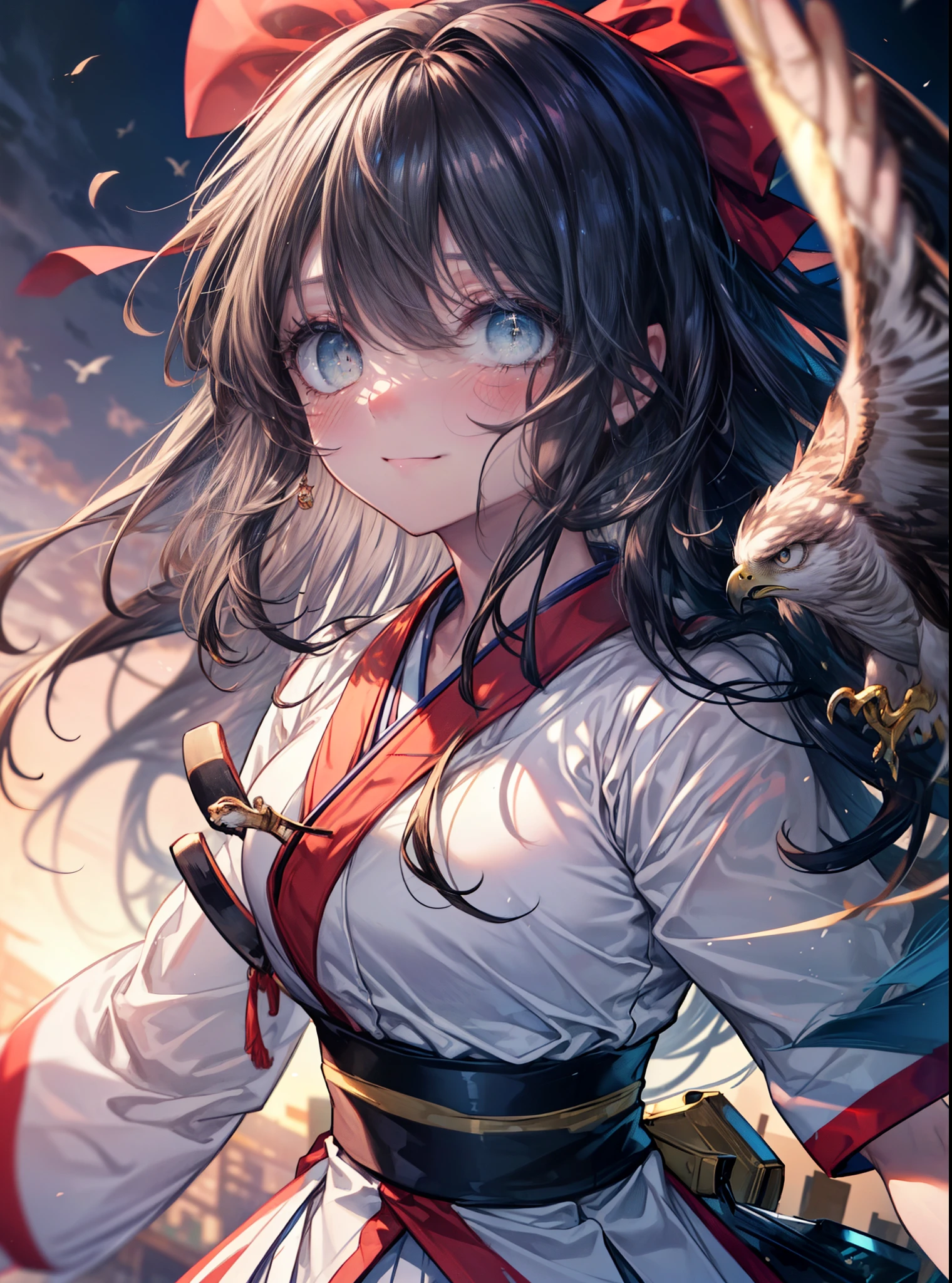8K,highest quality,masterpiece,1 girl, one hawk, red bow, bow, long hair, hair bow, alone, hair band, black hair, sash, bangs, red hair band, chest, brown ruby eyes, smile,blush,Japanese high school girl uniform(black sailor suit),小さなchest,pink cardigan,pleated skirt,(Smooth pointing flies towards the eagle:1.3),bird view ,School Back of school building,peek from below,(masterpiece:1.2), highest quality, High resolution, unity 8K wallpaper, (shape:0.8), (beautiful and detailed eyes:1.6), highly detailed face, perfect lighting, Very detailed CG, (perfect hands, perfect anatomy),