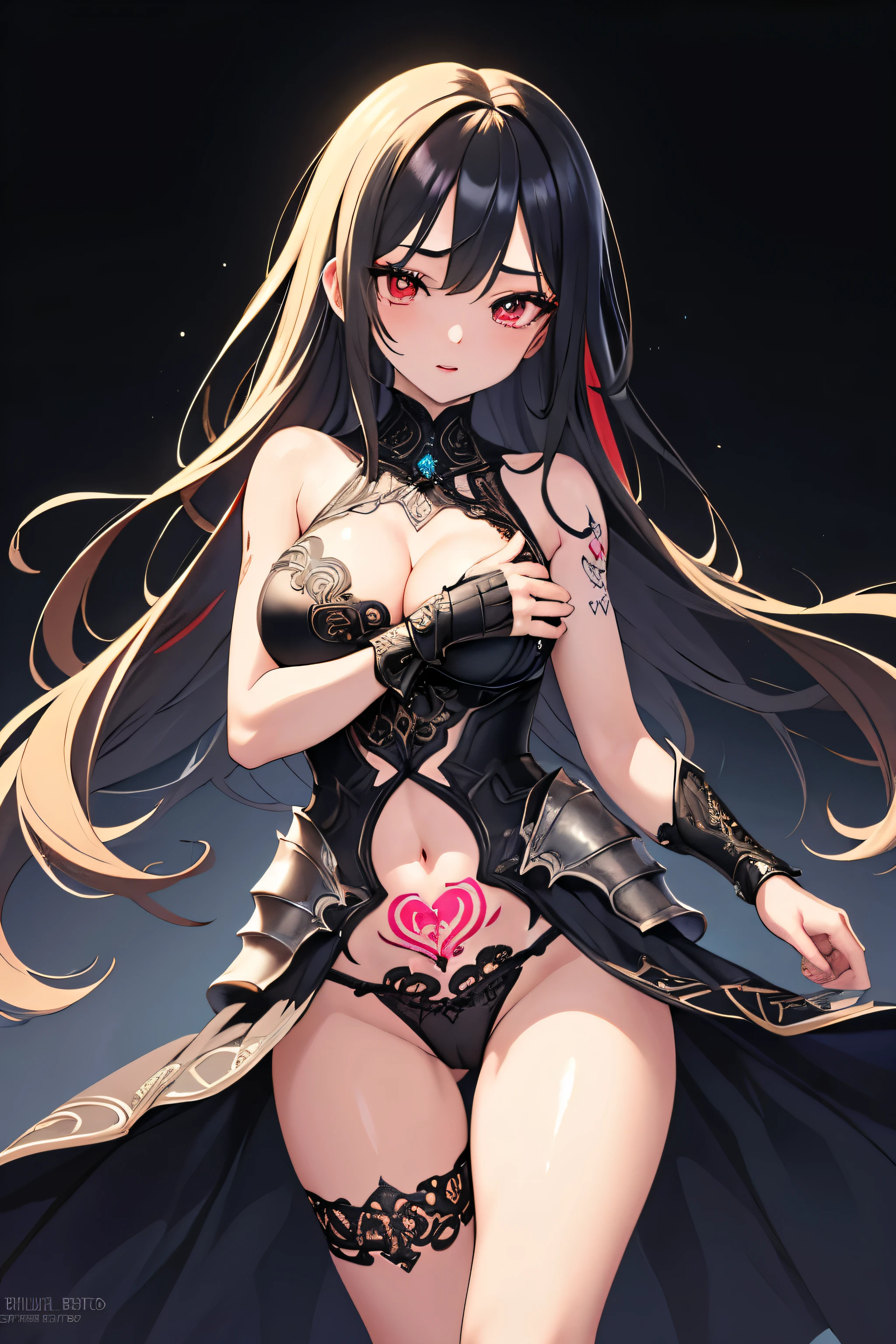 1girl, anime, cute girl, blank background, white background, fantasy, detailed fantasy dress with highlights, beautiful face, beautiful eyes, dark colors, black hair with multicolor streaks, red eye with different color pupil in eye, multicolor eye, medium small breasts (slightly big), slight cleavage, beautiful skin, cute, breast curtains, extremely delicate and beautiful, (beautiful detailed face:1.0), (detailed deep eyes), symmetrical breasts, deep eyes, shiny skin, portrait, slender waist, hips wider than shoulders, thighs, expressionless, young girl, luminous eyes, adorable，（Kpop idol）,（aegyo sal：1），（Platinum blonde hair：1），（（puffy eye）），Black panty，sexy posture，Superskirt, ultra high resolution，Black collar，slim figure, Abdominal y tattoo, womb tattoo，Tight-fitting leg ring，y tattoo on half-body，Bare skin, Armored hand，Hidden fingertips，Hand covered，Arm covered，Fist covered,{{beautiful detailed fingers}}, tufts of hair, moderate beautiful breast:1.0,(masterpiece:1.2), best quality, high-res, HDR, perfect face, intricate armor, delicate blue filigree, intricate filigree, red metalic parts, detailed part, dynamic pose, dynamic lights,