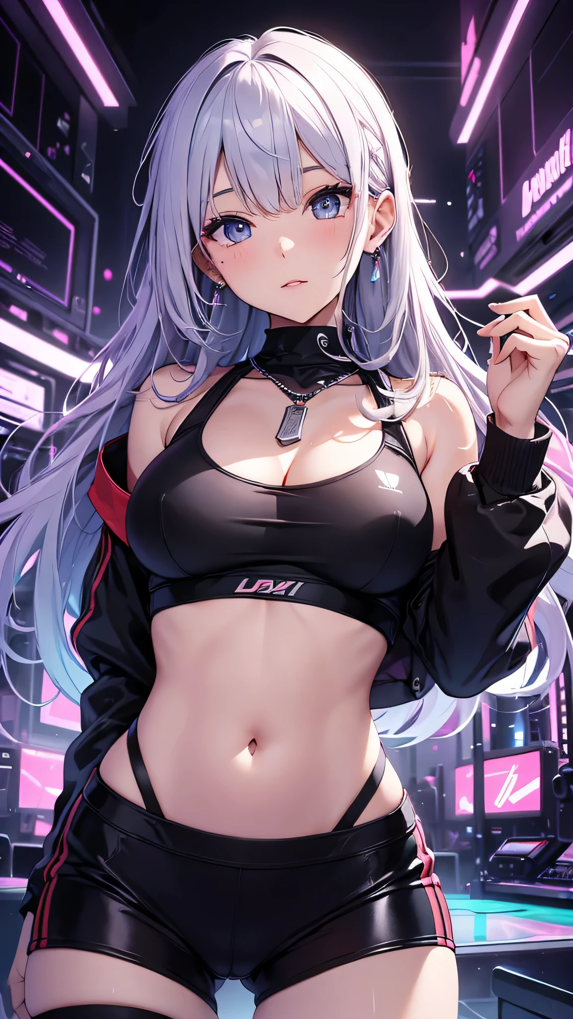 最high quality、best image quality、masterpiece、girl((20-year-old、 By becoming、vest bust、medium bust,wide open breast tea、shining eyes, silver hair、long hair、thin,highest valley、black sports bra、black sports pants、shoulder tattoo,diamond earrings、Wristband、black jacket、necklace、forward leaning movement、move violently)),high quality、beautiful art、background((Virtual space、neon lighting、neon light、Live feeling))、Flight、debris flies、Depth of written boundary、movie、visual art、perfect art、8K,genuine、Dynamic Performance