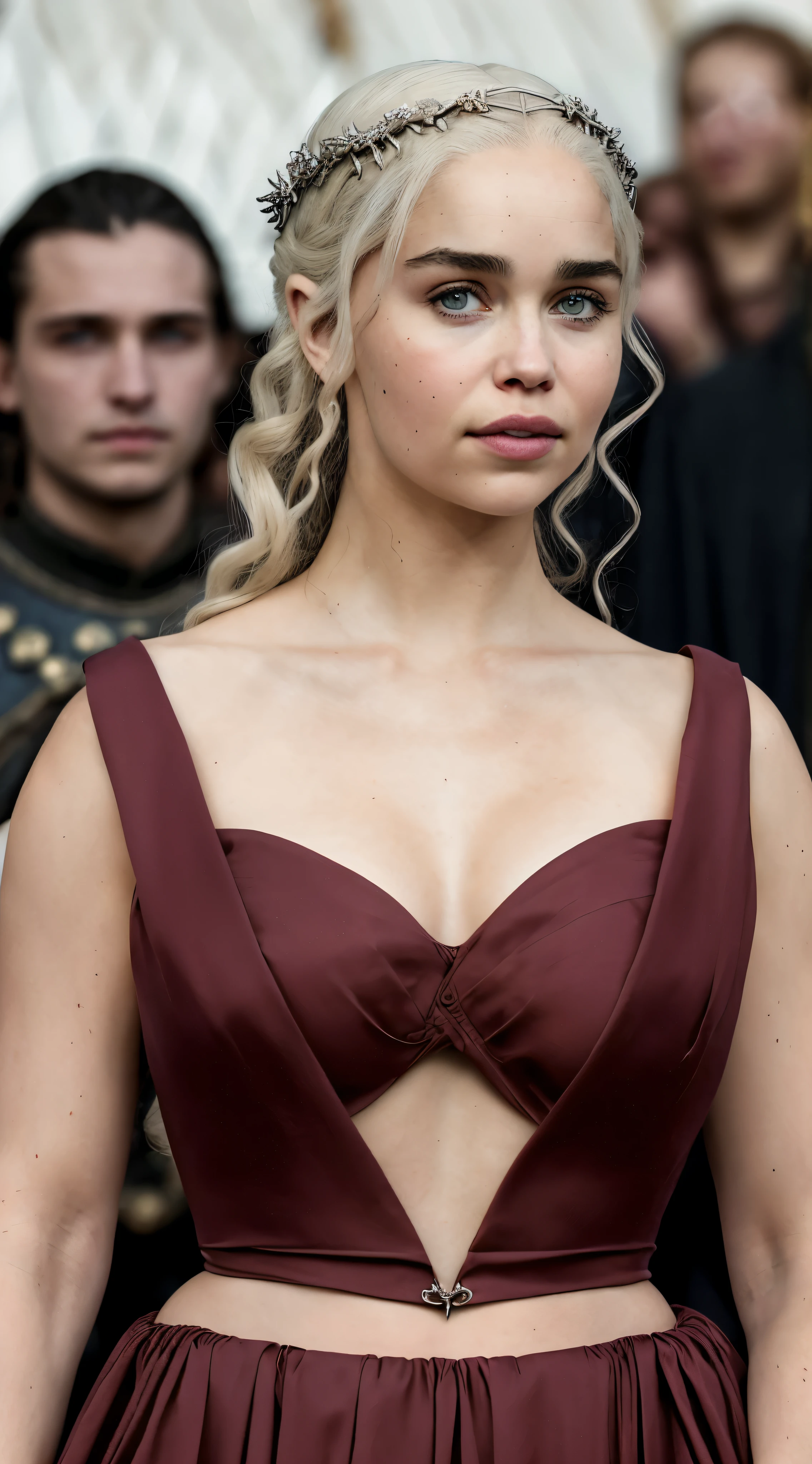 masterpiece, stunning portrait photo of khls woman, sleeveless, erotic costumes, sensual satin dress, game of thrones inspired costumes,
