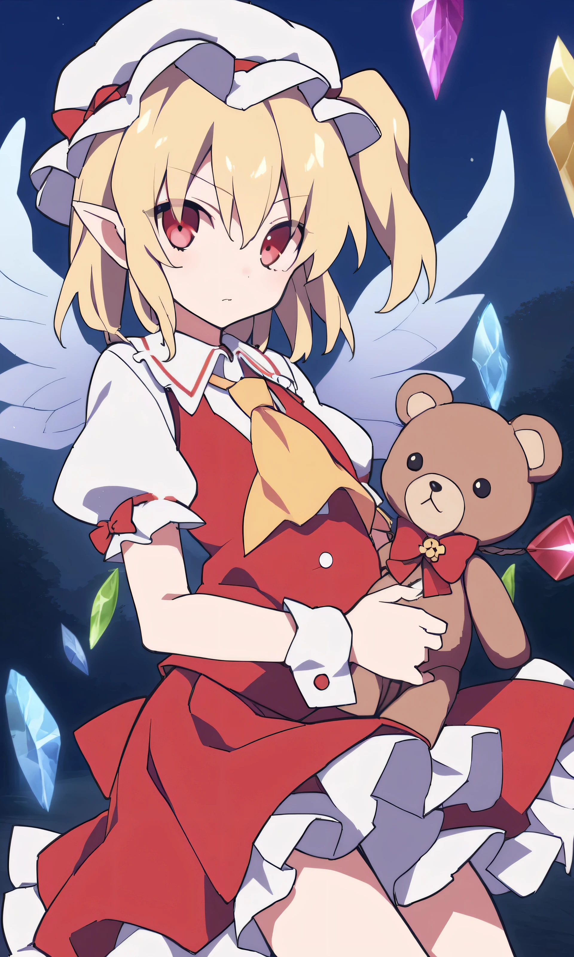 Japanese cartoons,1 girl, flanders scarlet, touhou, have, thug hat, alone, blonde hair, stuffed toys, red Vest, wing, stuffed animals, Teddy bear, Red eyes, crystal, Vest, white tiara, outdoor, short sleeves, one side up, Keep, puff sleeves, skirt, shirt, pointed ears, red skirt, looking at the audience, puffy short sleeves, ascot, yellow ascot, wrist cuffs, white shirt, Keep stuffed toys, bow, decorate, red bow, collared shirt, ribbon, frilled shirt collar, red ribbon, A masterpiece for medium hair, best quality, very aesthetic, Ridiculous,