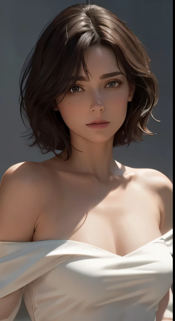silk tight top:1.4、look at the audience、cinematic lighting、perfection、soft light、high resolution skins:1.3、realistic skin texture、30 year old mature woman、small face、no makeup、off shoulder、bust B cup、 small breasts、detailed beautiful eyes、short hair、dark brown hair、full nude、gray background、
