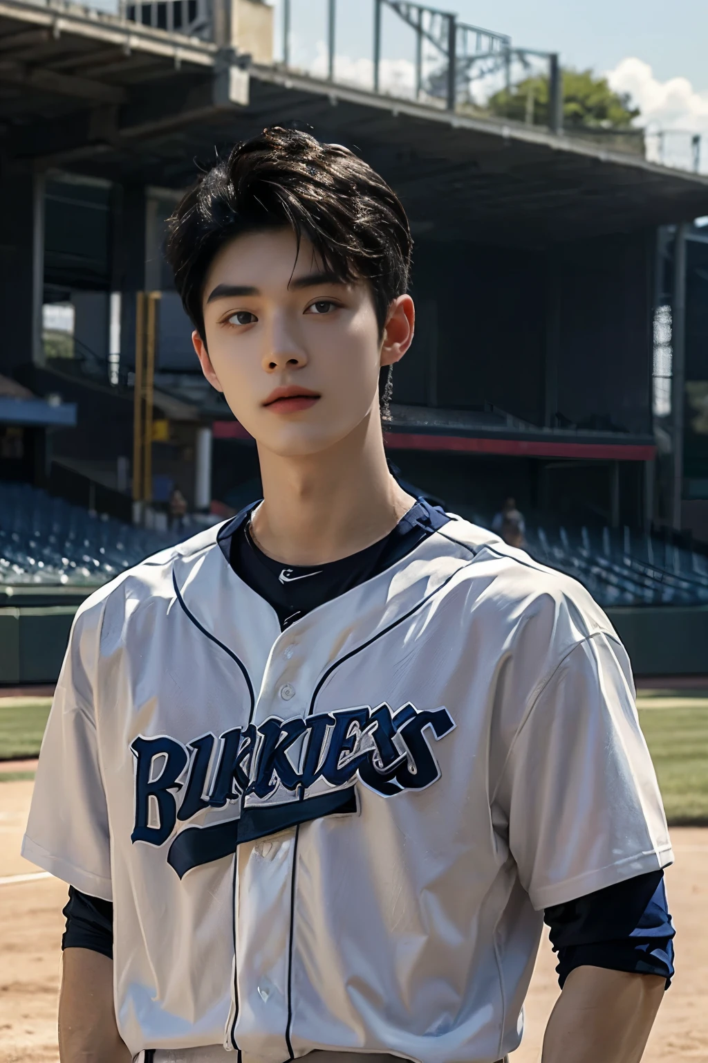 Baseball field full of spectators Handsome guy. highest quality, masterpiece, ultra high resolution baseball uniform