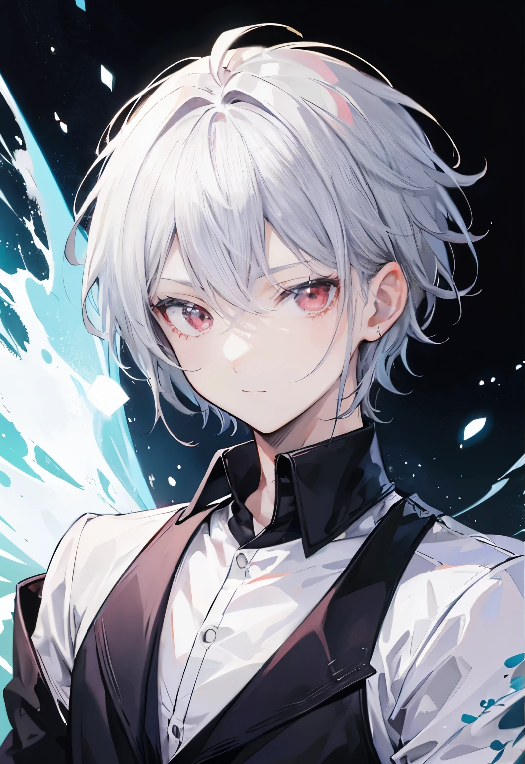 High resolution, 2D anime style,,cool men,short hair,silver hair,red eyes,Dark Fashion,he is smiling a little,