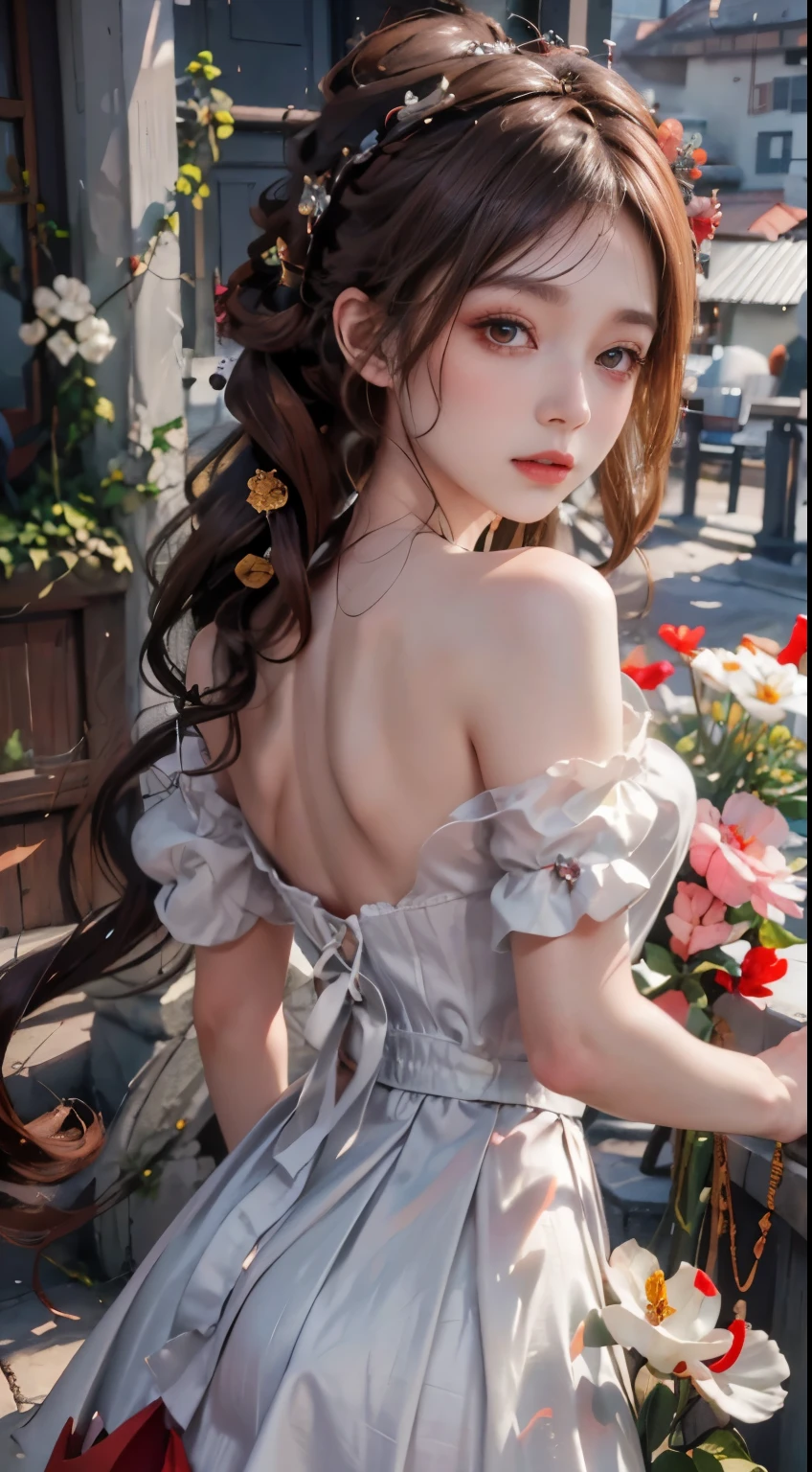 Modify hair only、Face）white dress，tulle skirt，Reddish-brown hair，curls，ponytail，Nice bun，Perfect hairstyle，red headdress，red eyes，red eye，red pupils，Delicate and detailed eyes，clear eyes，Red eyes，huge ，flowers，Extremely detailed CG unified 8K wallpaper，（high dynamic range：1.4），（），（pastel colors，dim colors，soothing tones： 1.3）