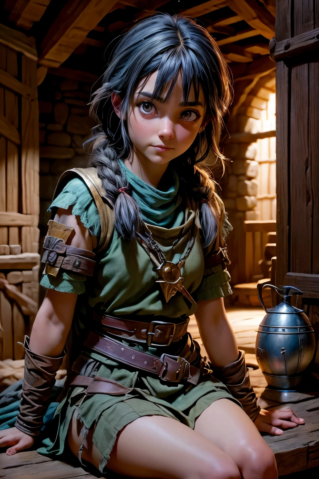 scavenger girl, sitting inside a medieval fantasy tavern, Tapices coloridos en las paredes, (Obra maestra:1.2) (Mejor calidad) (detallado) (intrincado) (8K) (HDR) (fondo de pantalla) (cinematic lighting) (sharp focus)