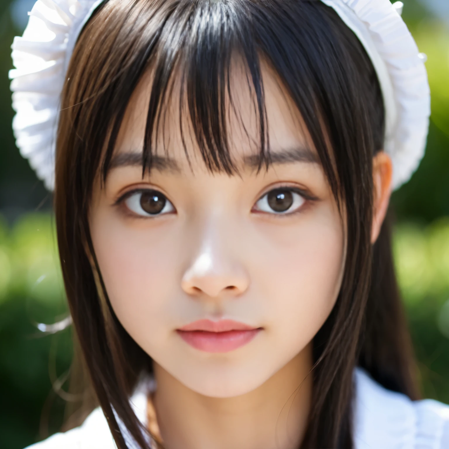 highest quality, High resolution, realistic pictures, detailed skin texture, ((Cute 12 year old Japanese girl wearing maid uniform)), view audience, slim body shape, charming gaze, Fair skin, baby face, (flat chest:1.2), long straight hair, flower hair ornament, (:1.2)