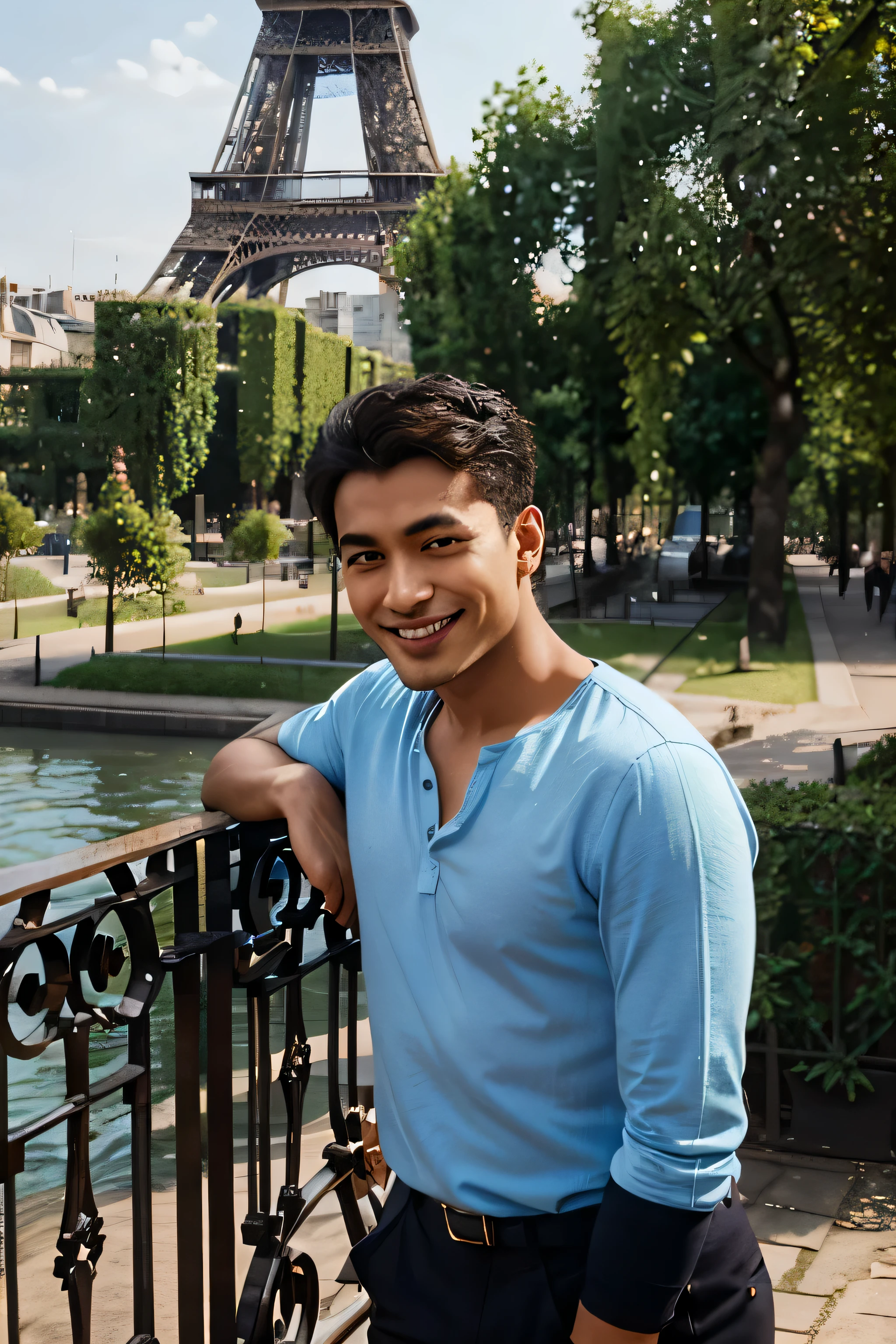 Capture Aryo in a sun-kissed Parisian park, leaning against a wrought-iron fence. His eyes, a blend of Dutch blue and Indonesian, reflect the Eiffel Tower in the background. His smile – a secret whispered across continents.”