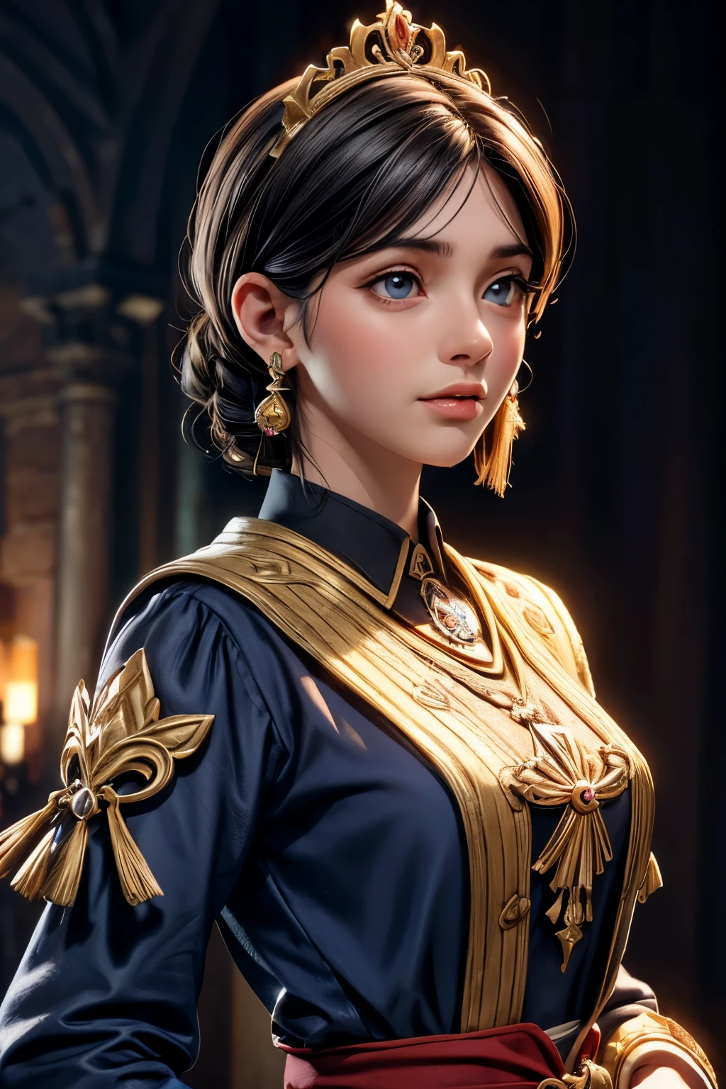 (Obra maestra, La mejor calidad) (Hermosa muchacha con traje medieval, camisa y falda corta de lino rasgados, rasgos faciales detallados, pelo corto oscuro, pechos grandes, castillo en el fondo, luz de sol, colores brillantes, dramatic lighting, ojos y labios expresivos, high resolution, calidad 4K, fotorrealista)
