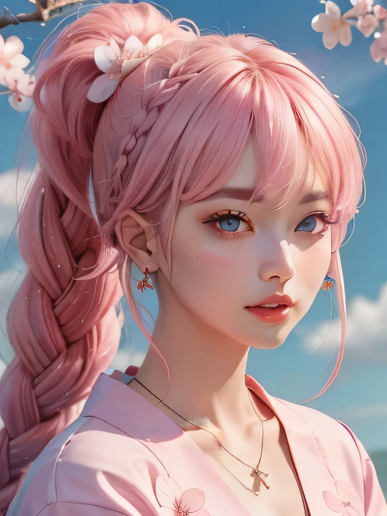 she is the cherry blossom spirit、pink eyes、pink hair、close up of face、pink eyebrows、pink teeth、pink fang、big ears、cherry blossom hair ornament、cherry blossom necklace、Cherry earrings、beautiful clavicle、ponytail、deep pink eyes、pink kimono showing collarbone、cherry blossom fairy、wing、cherry blossom background、blue sky background、red eyes、Cherry Headband、she is a pink fairy、妖精のwing根、Braid、
