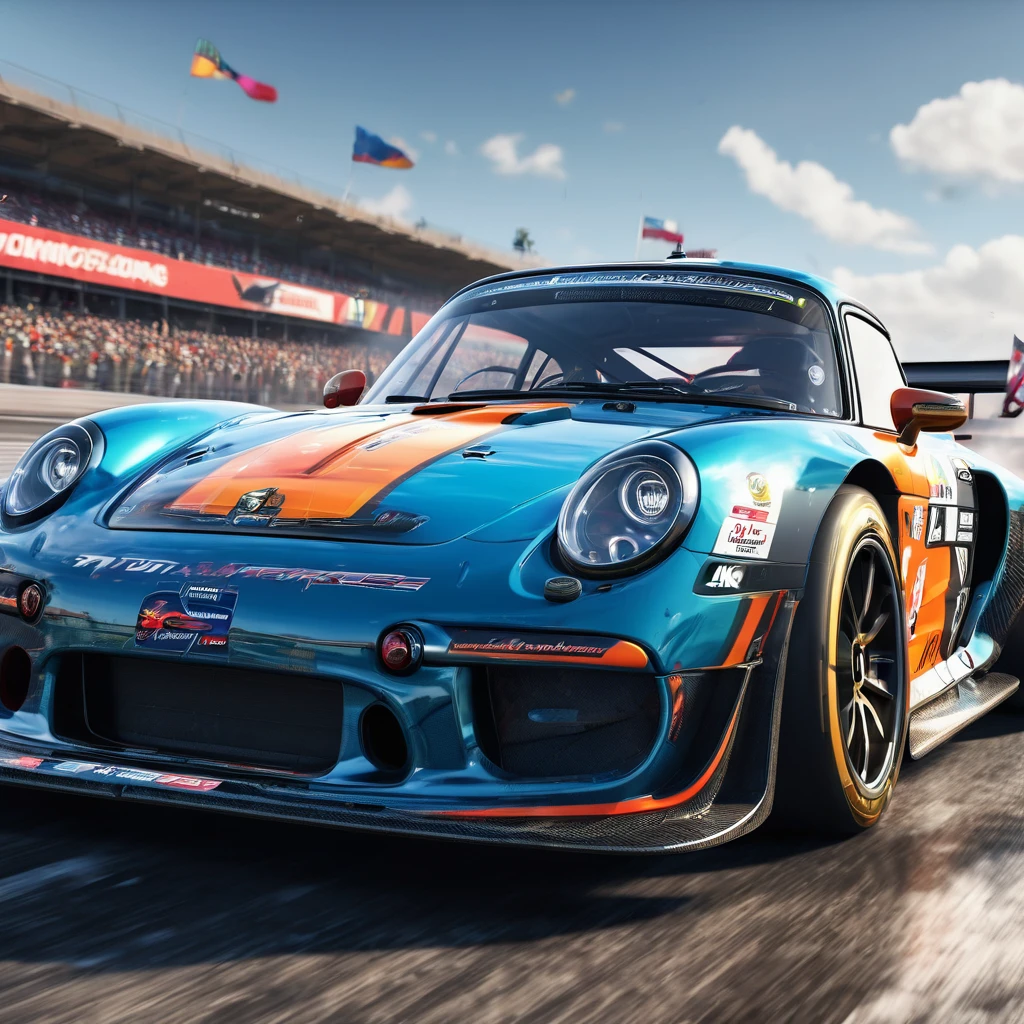 Racing Car, aesthetic, extremely detailed,(best quality,4k,8k,highres,masterpiece:1.2),ultra-detailed,(realistic,photorealistic,photo-realistic:1.37),fast-paced,racing car,vibrant colors,screeching tires,blurred motion,exciting race,adrenaline rush,dynamic composition,shiny metallic body,extreme speed,high-performance engine,detailed interior,carbon fiber chassis,wide racing tires,aerodynamic design,fierce competition,race track,spectators cheering,loud engine roars,driver in racing suit,steering wheel,checkered flag,winner's trophy,smoke from burning tires,high-speed action,thrilling overtakes,dramatic lighting,high-octane atmosphere,sparkling reflections,racing helmet and goggles,skilled drivers,breathtaking moments,fast and furious,explosive start,precision driving,slick racing livery