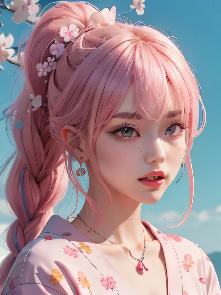 she is the cherry blossom spirit、pink eyes、pink hair、close up of face、pink eyebrows、pink teeth、pink fang、big ears、cherry blossom hair ornament、cherry blossom necklace、Cherry earrings、beautiful clavicle、ponytail、deep pink eyes、pink kimono showing collarbone、cherry blossom fairy、wing、cherry blossom background、blue sky background、red eyes、Cherry Headband、she is a pink fairy、妖精のwing根、Braid、