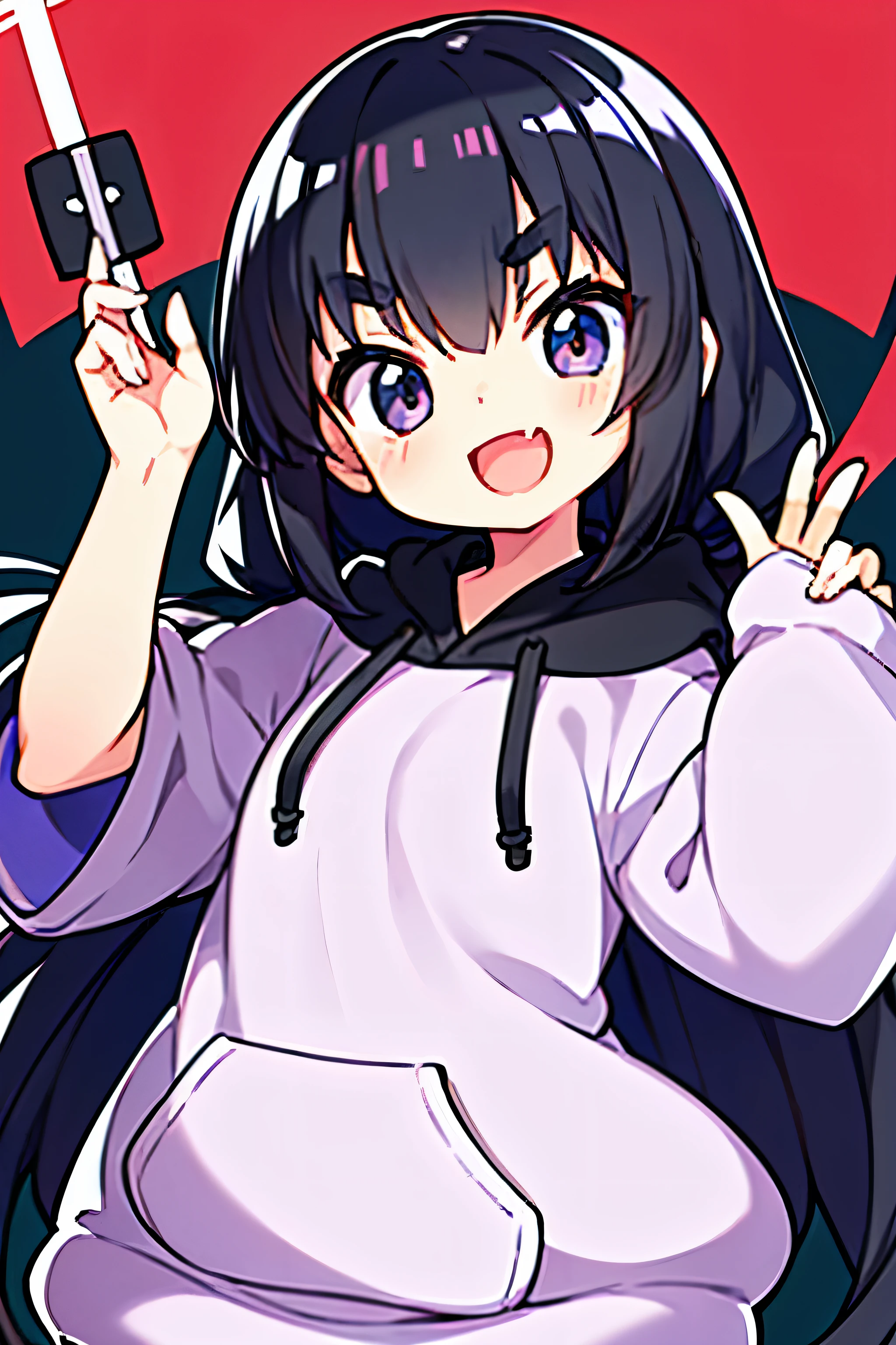 Japan 1 person　girl,8-year-old,whole body,smile,male&#39;thick eyebrows,long black hair ,black eye,please open your mouth wide,cute、holding something、Wearing a loose-fitting hoodie