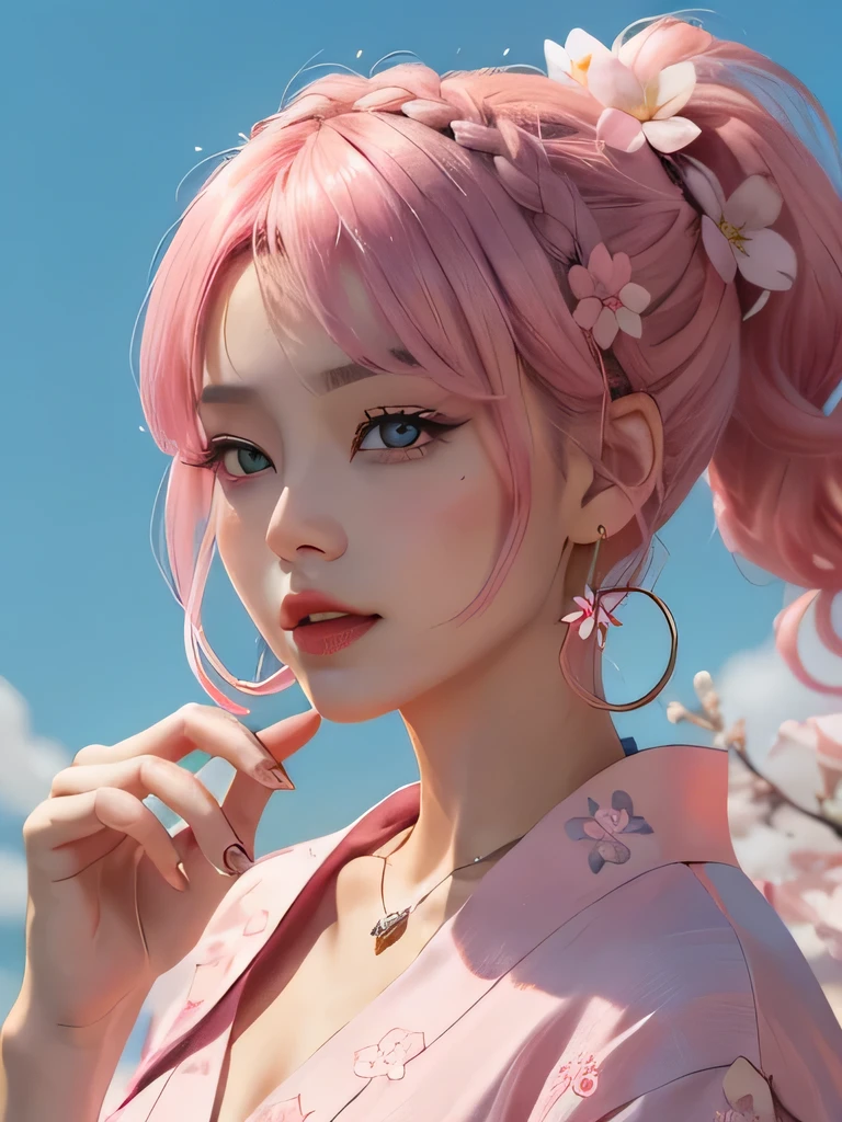 she is the cherry blossom spirit、pink eyes、pink hair、close up of face、pink eyebrows、pink teeth、pink fang、big ears、cherry blossom hair ornament、cherry blossom necklace、Cherry earrings、beautiful clavicle、ponytail、deep pink eyes、pink kimono showing collarbone、cherry blossom fairy、wing、cherry blossom background、blue sky background、red eyes、Cherry Headband、she is a pink fairy、妖精のwing根、Braid、